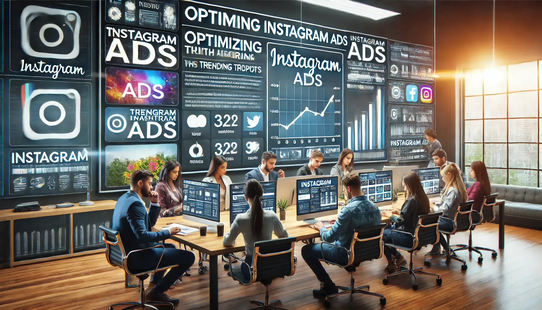 A digital marketing team optimizing Instagram ads by aligning them with trending topics, analyzing viral content and campaign performance on large screens.