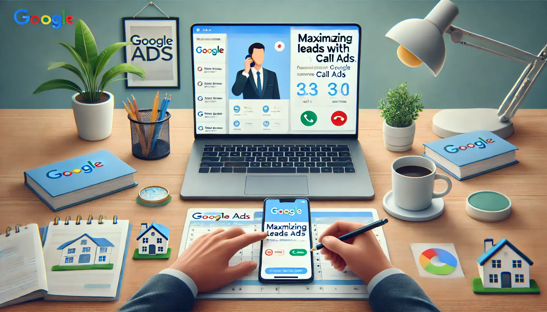 A real estate agent receiving a call through a smartphone while reviewing a Google Ads call ad campaign on a laptop.