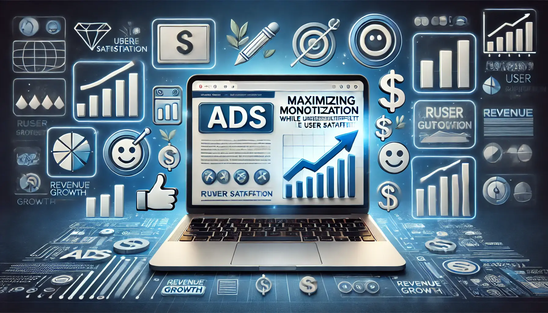 An image showing a laptop displaying a webpage with seamlessly integrated ads, surrounded by symbols of user satisfaction and revenue growth.