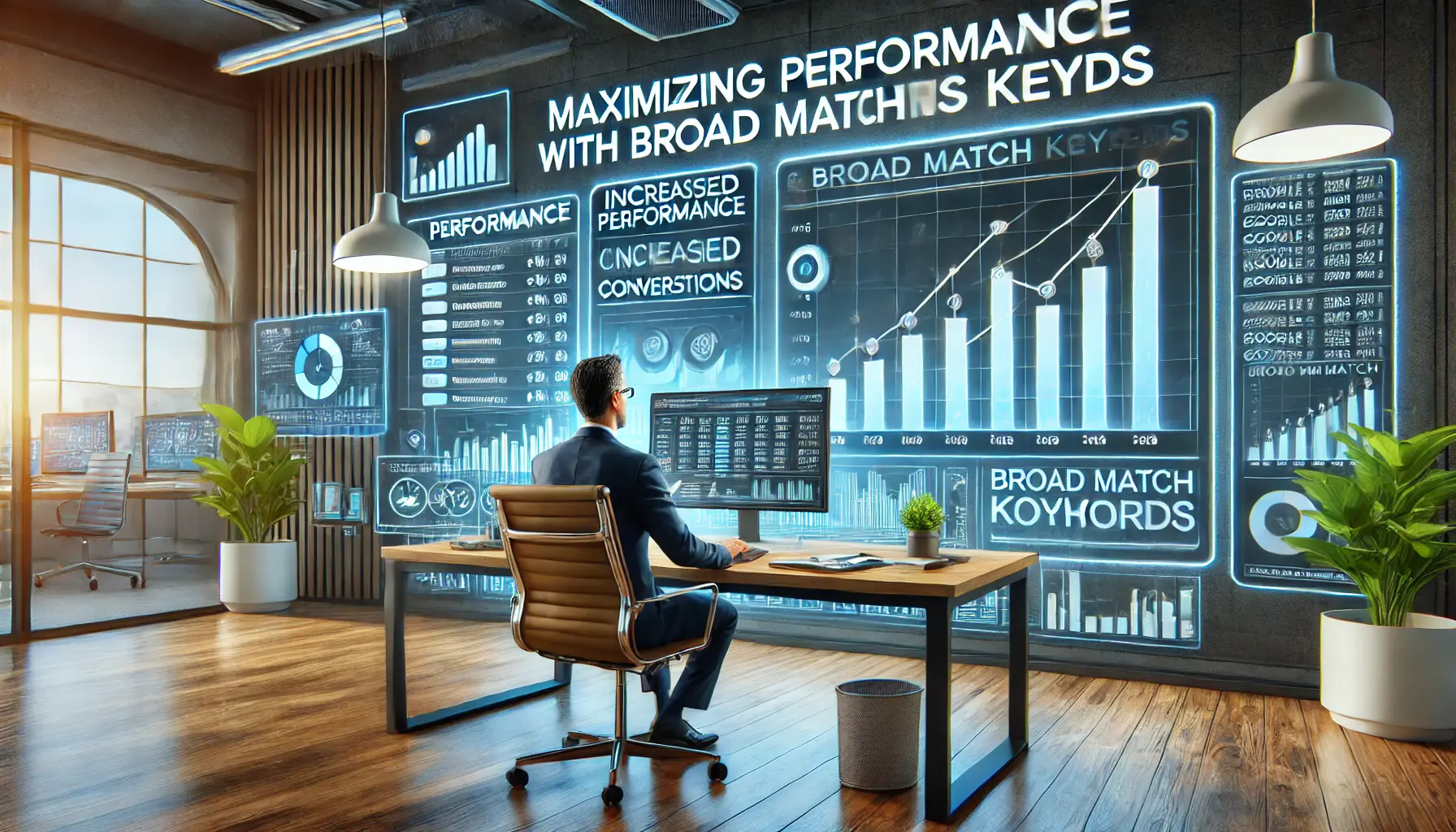 A digital workspace showing a marketer analyzing campaign performance with rising graphs and increased conversions using broad match keywords.