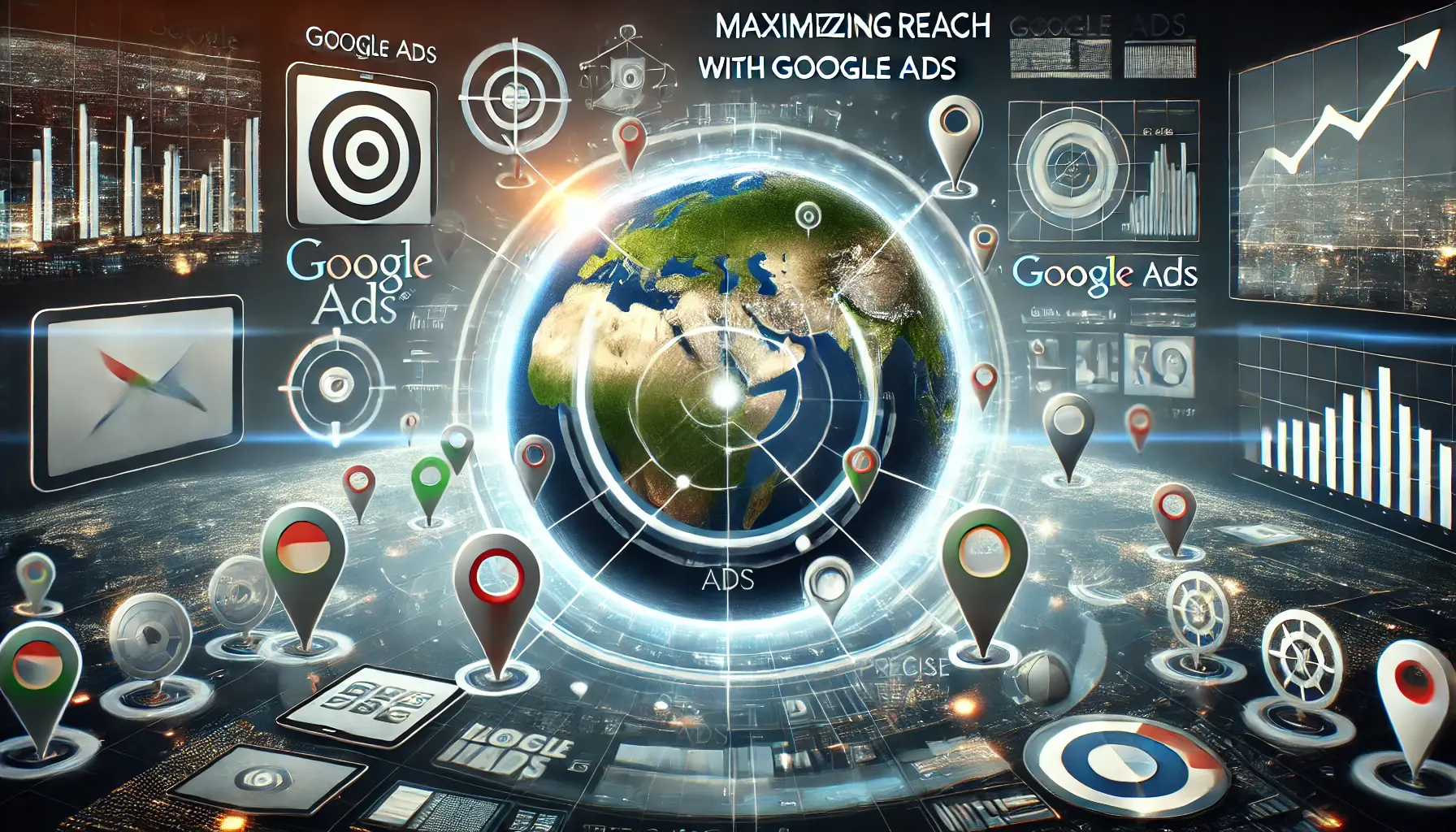 A digital concept showing a globe with ad icons and targeting lines pointing to different regions, symbolizing the global reach of Google Ads.