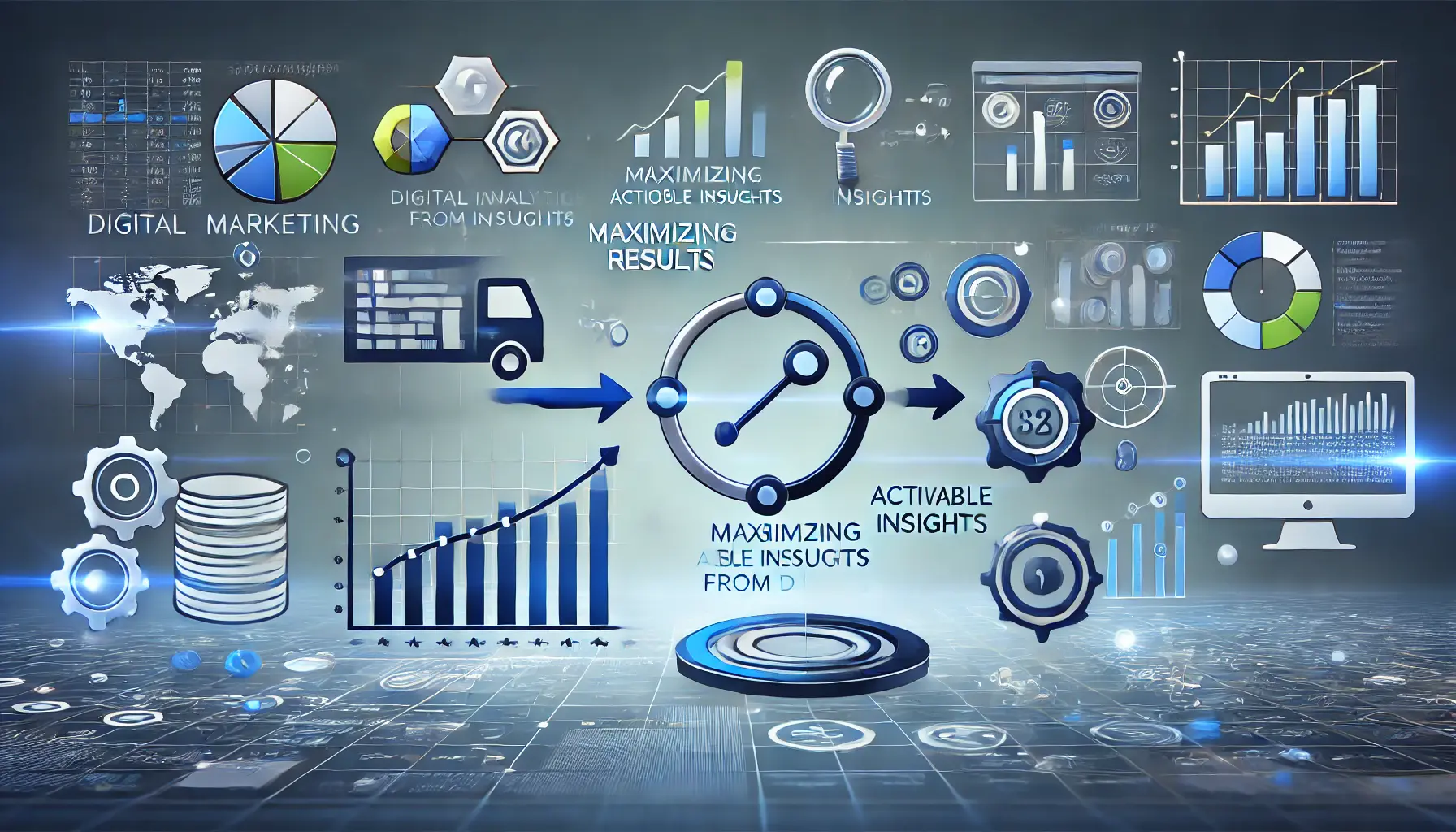 Image representing maximizing results through data-driven insights, with icons for data analysis tools like graphs, charts, and dashboards.