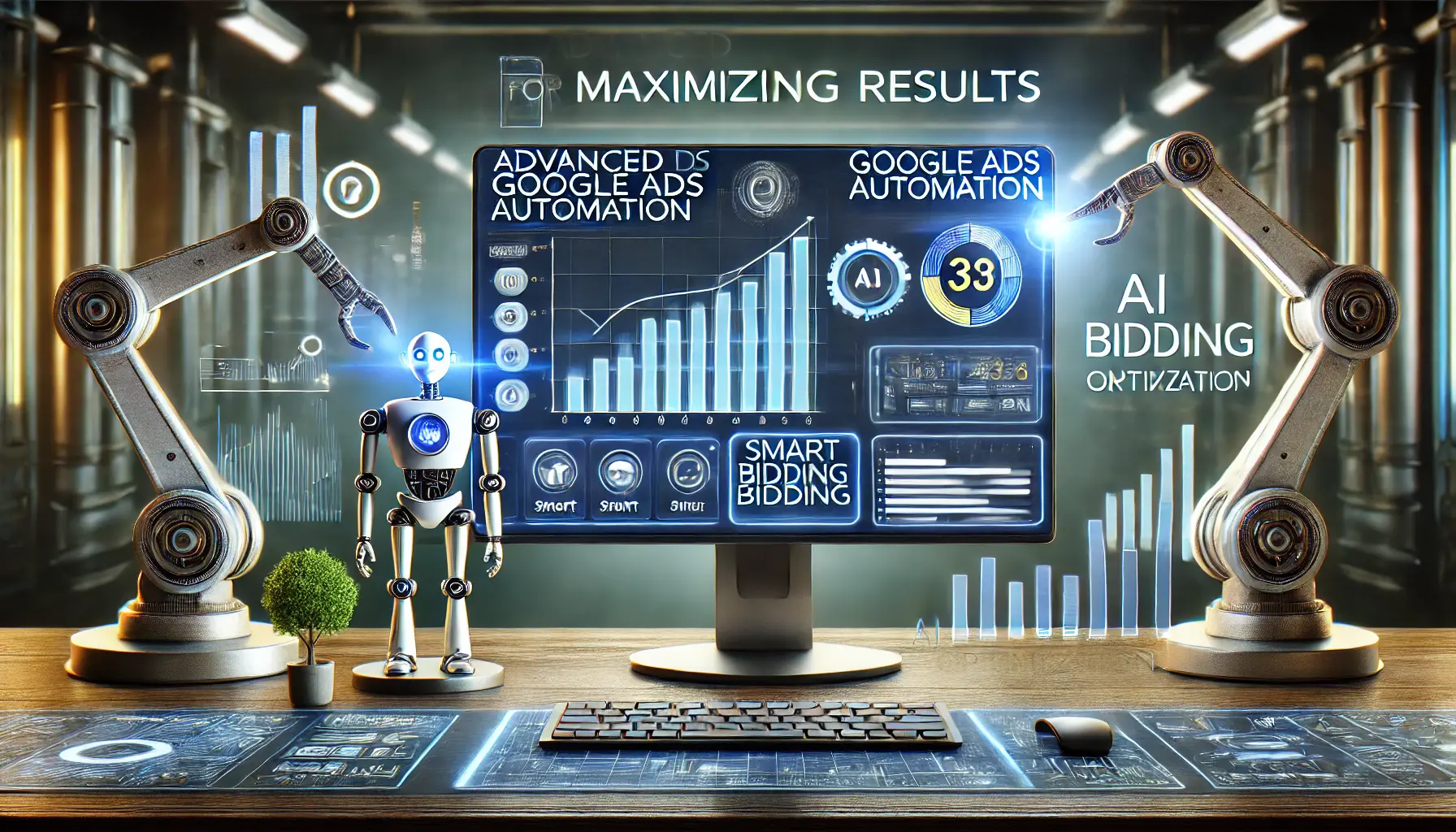 A computer screen showing an advanced Google Ads automation dashboard with robotic arms and AI optimization symbols enhancing controls.