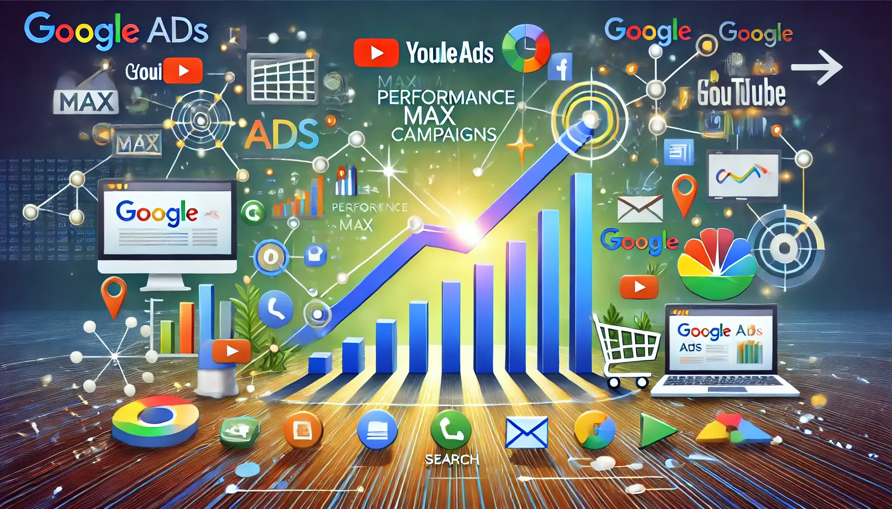 A professional illustration showing a growing line graph symbolizing increased performance and multi-channel optimization for Google Ads Performance Max campaigns.