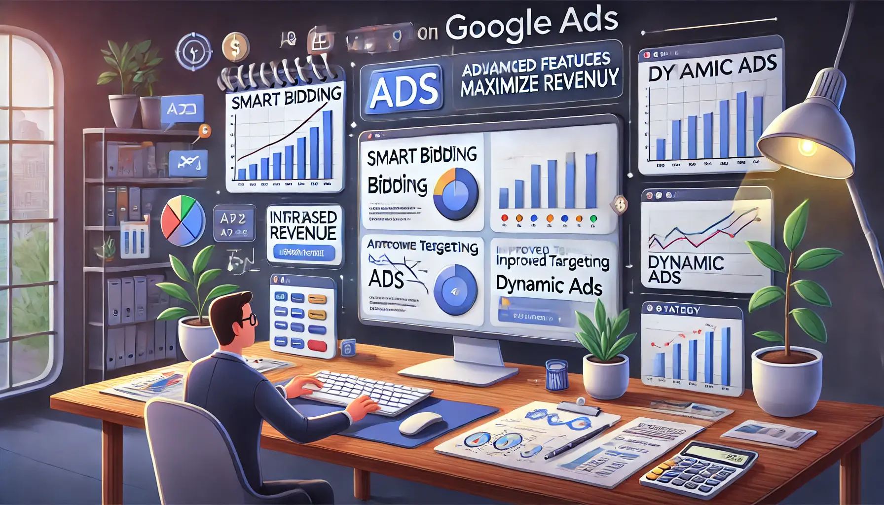 A digital marketer using advanced features in Google Ads, including smart bidding, ad extensions, and dynamic ads, to maximize revenue.