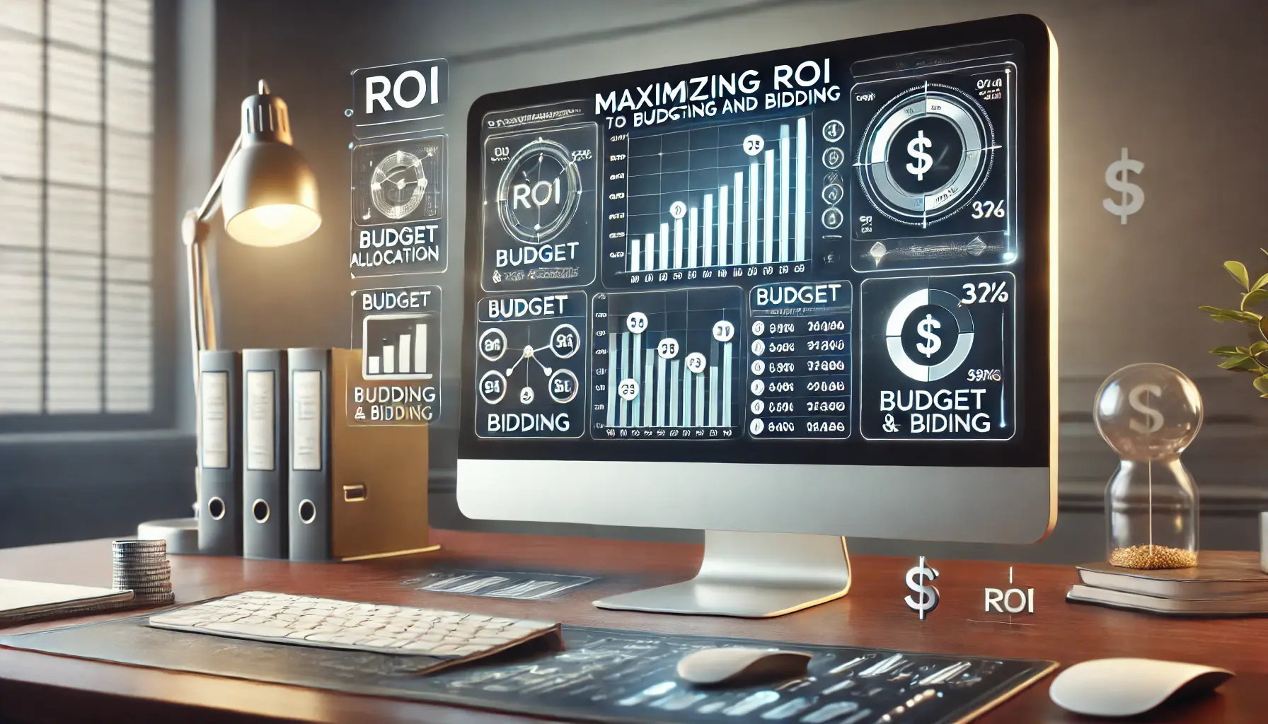 A computer screen displaying a financial dashboard with graphs showing ROI growth, along with budgeting and bidding tools like sliders and a calculator.