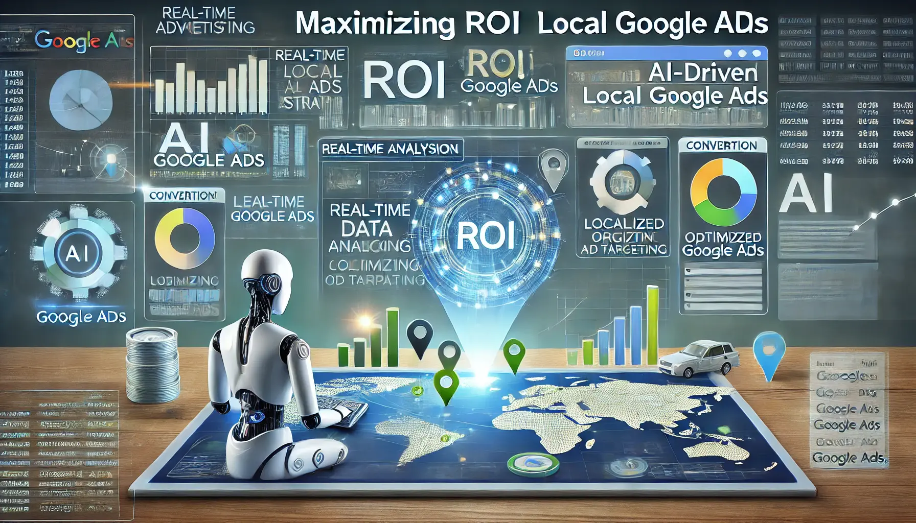 A digital advertising dashboard with AI algorithms optimizing local Google Ads strategies for maximum ROI, displaying real-time data analysis and conversion tracking.