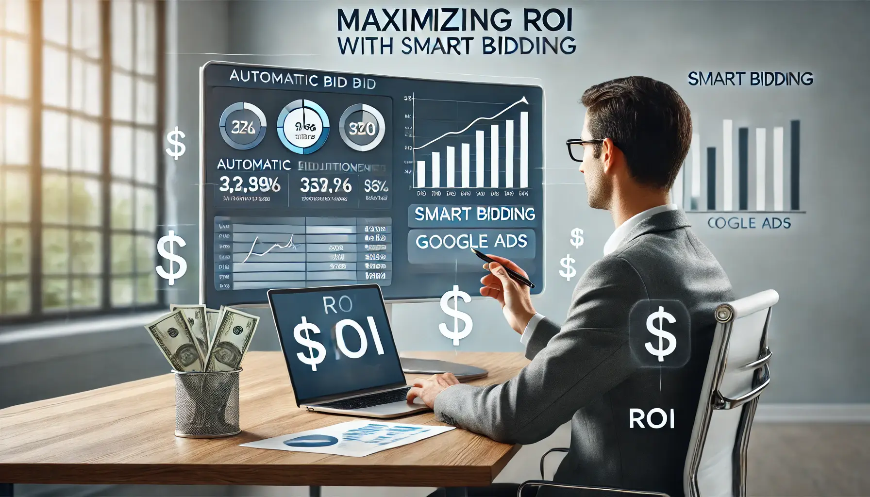 A professional sitting at a desk reviewing a Google Ads dashboard displaying automatic bid adjustments and performance graphs to maximize ROI.