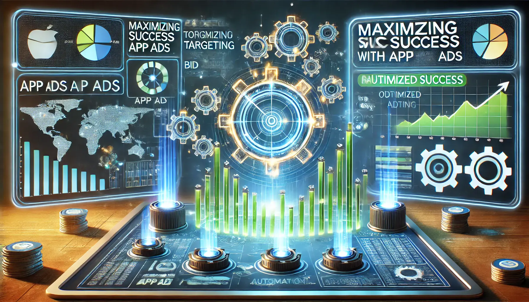 A digital dashboard showing automated app ad management, including performance graphs, optimized targeting, and real-time bid adjustments, symbolizing success.