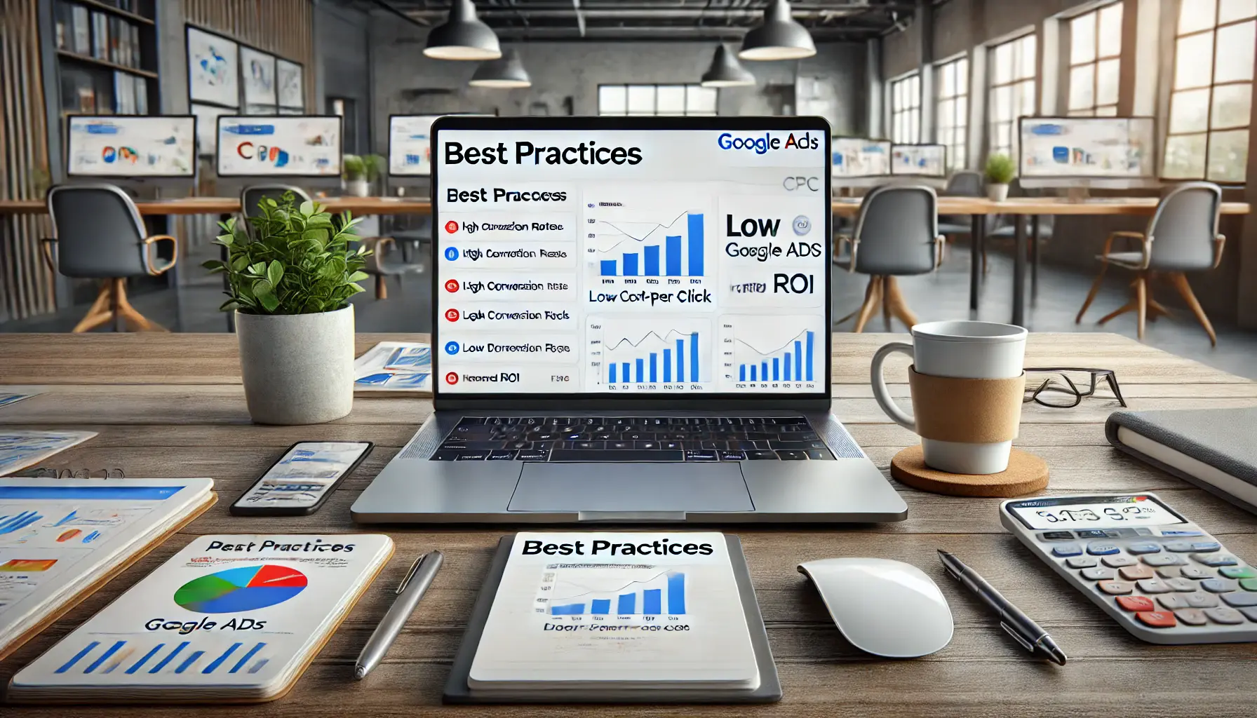 A digital marketing workspace with a laptop displaying an optimized Google Ads dashboard with high-performing metrics like conversion rates and ROI.