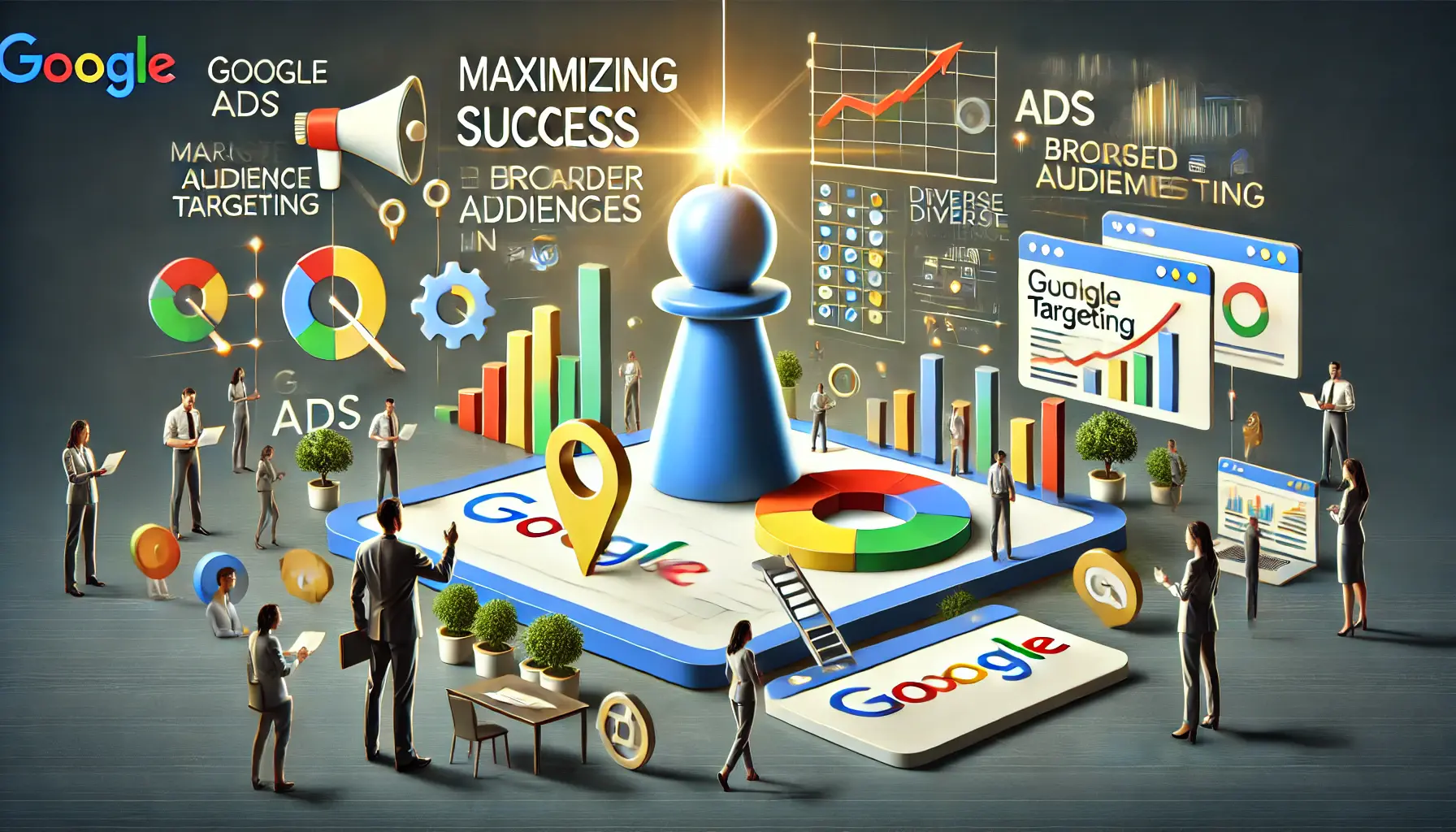 An image showing a digital marketer using Google Ads to target a broad and diverse audience, with expanding user profiles and positive campaign performance.