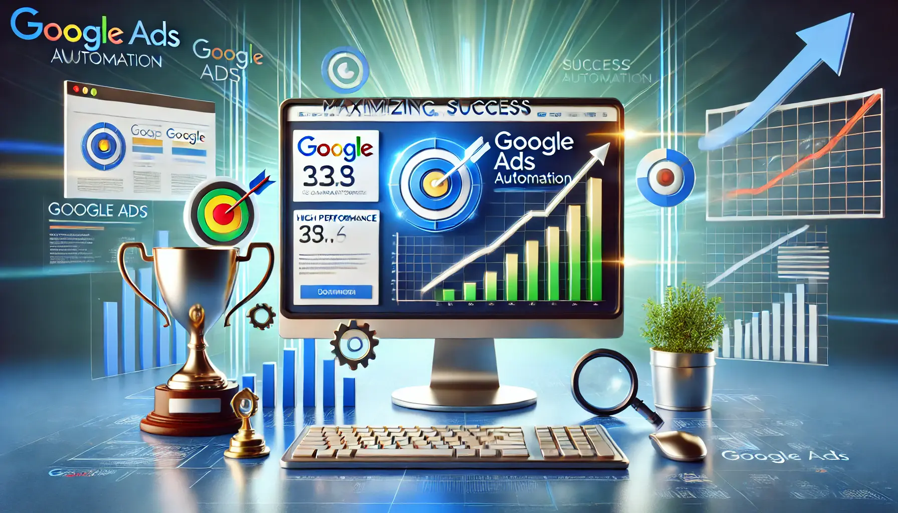 A digital workspace showing a Google Ads dashboard with growth charts, upward arrows, and symbols of success.