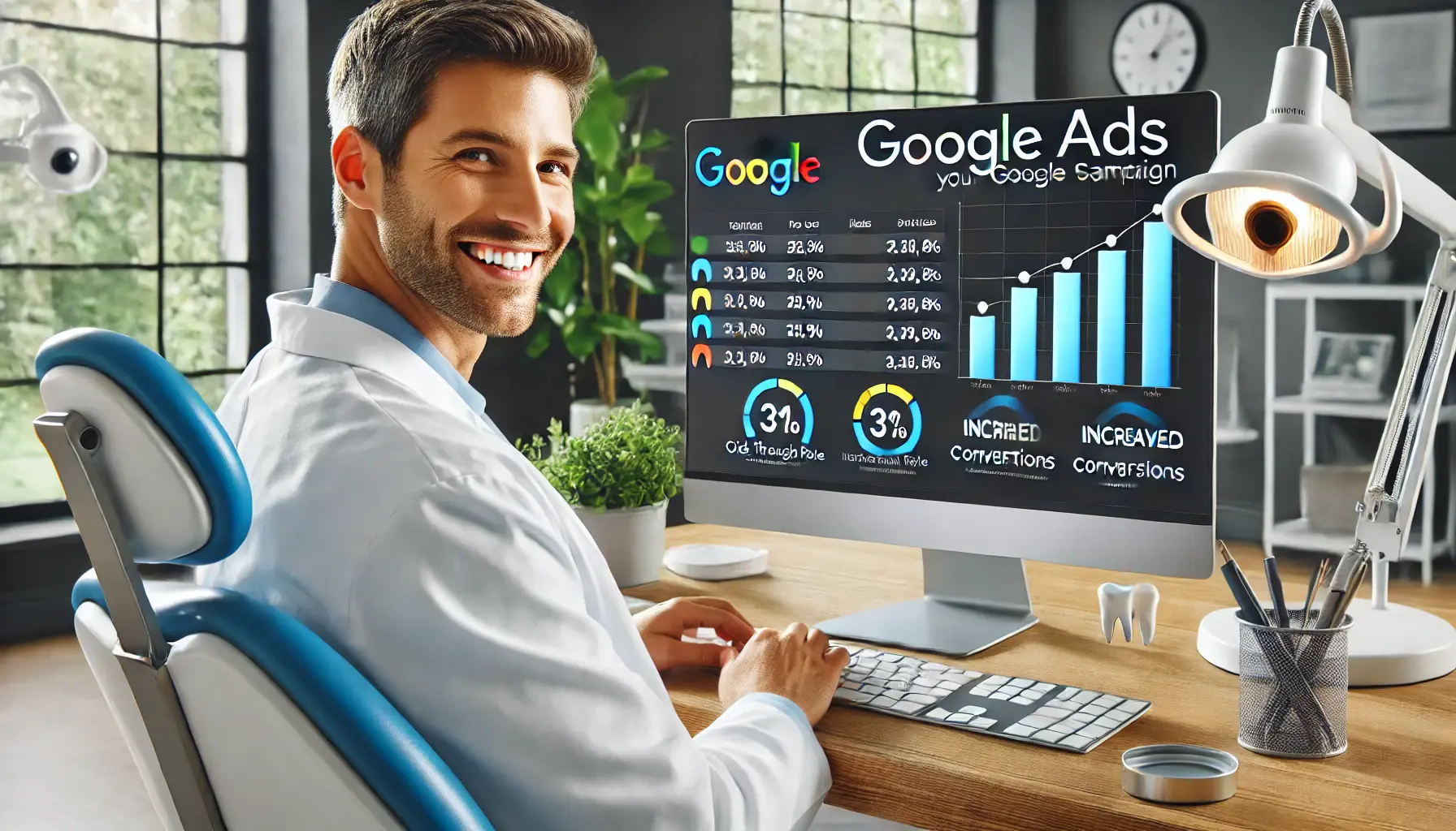 A dentist reviewing successful Google Ads campaign performance data in a modern office.