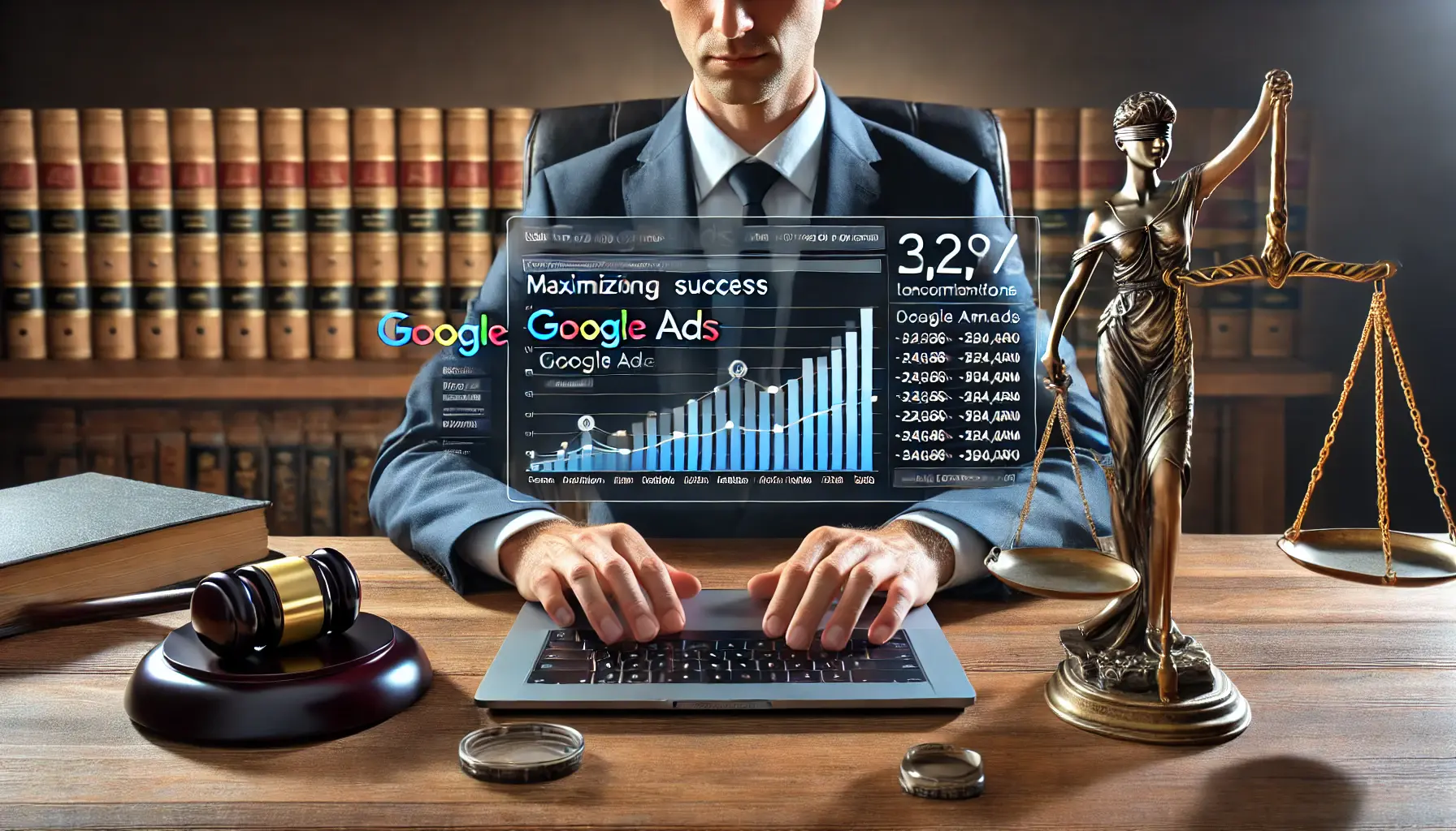 Illustration of a lawyer reviewing a Google Ads campaign dashboard on a laptop, with legal elements in the background.