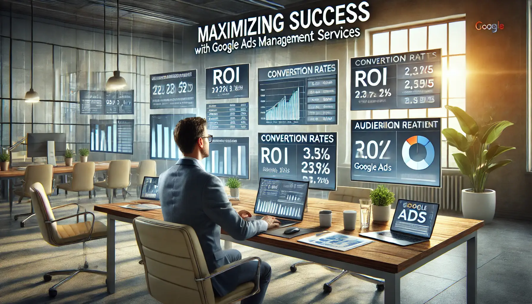 A digital marketer analyzing performance metrics on multiple screens, with data on ROI, conversion rates, and audience engagement, in a modern office setting.