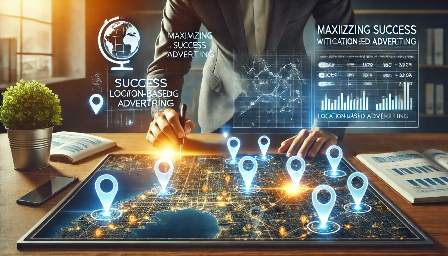 A digital marketer analyzing a map with highlighted successful areas for location-based advertising campaigns.