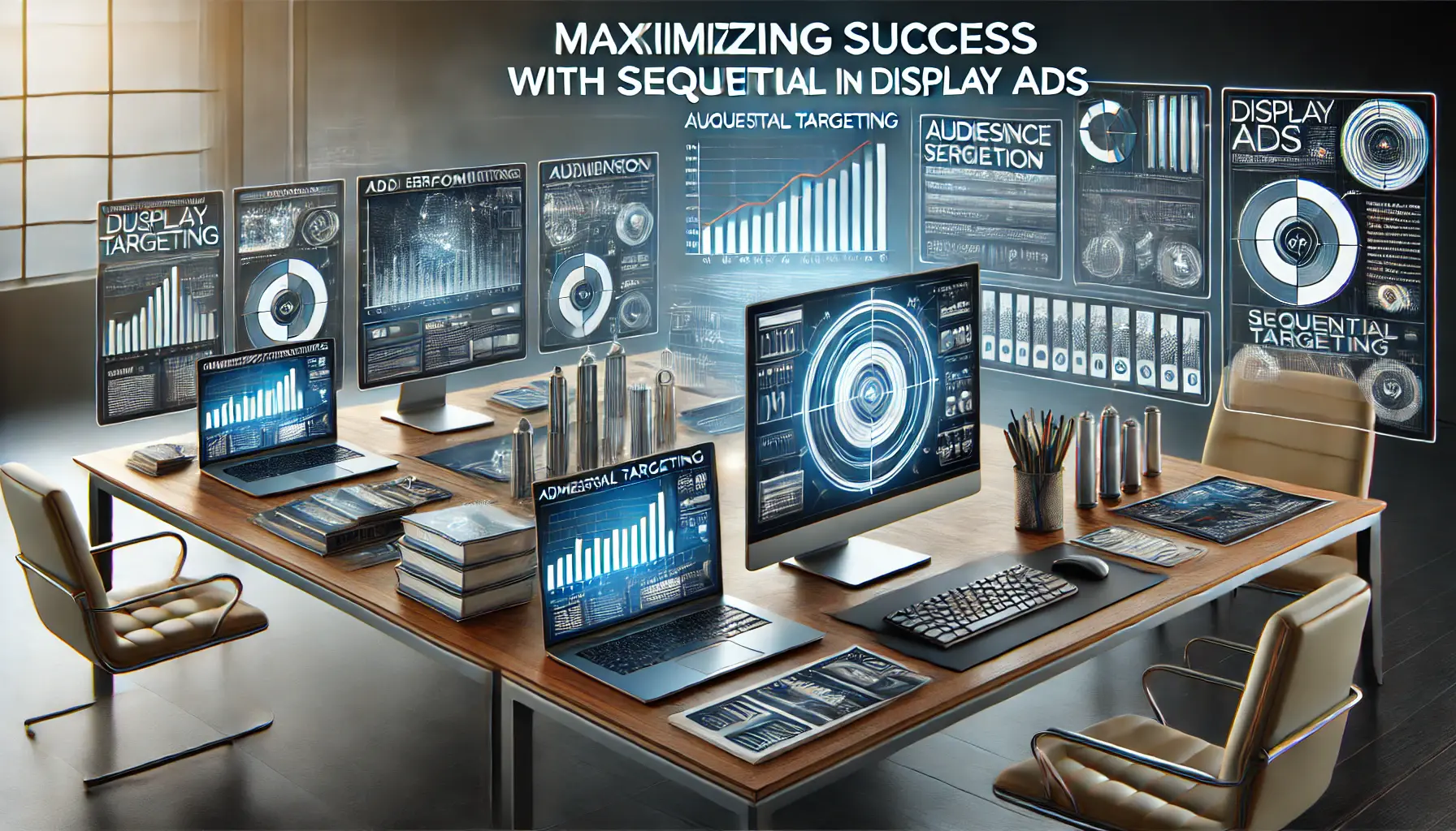 A digital workspace with multiple screens showing ad performance metrics and successful sequential ad campaigns.