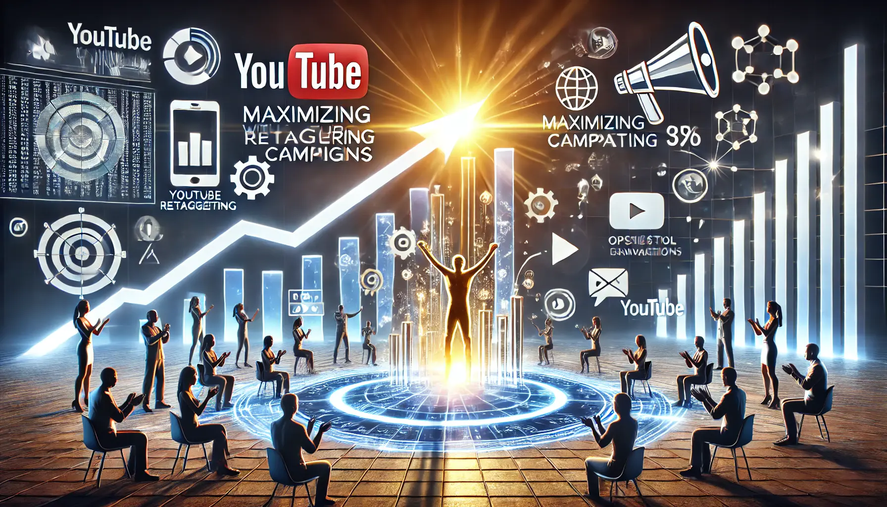 An image representing maximizing success with YouTube retargeting, showing upward-trending graphs, user engagement icons, and optimized ad campaigns.