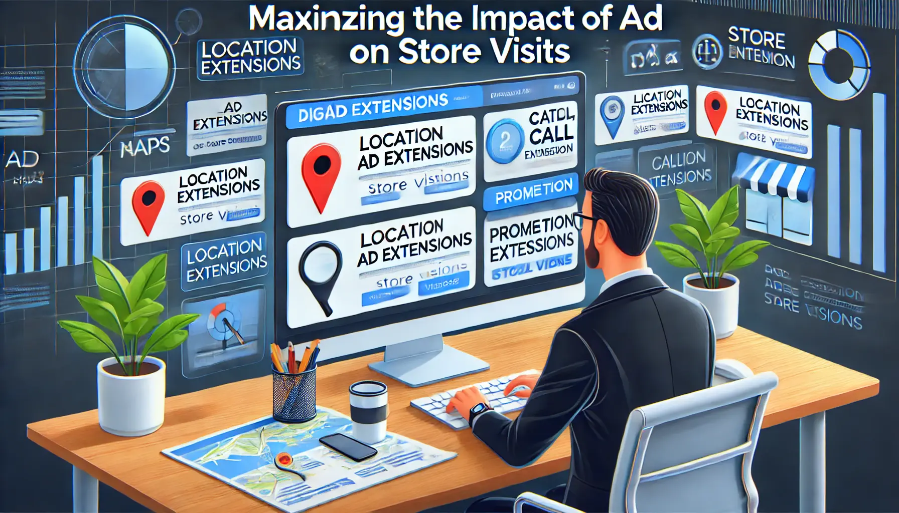 Digital marketing professional analyzing ad extensions, including location, call, and promotion extensions for store visits.