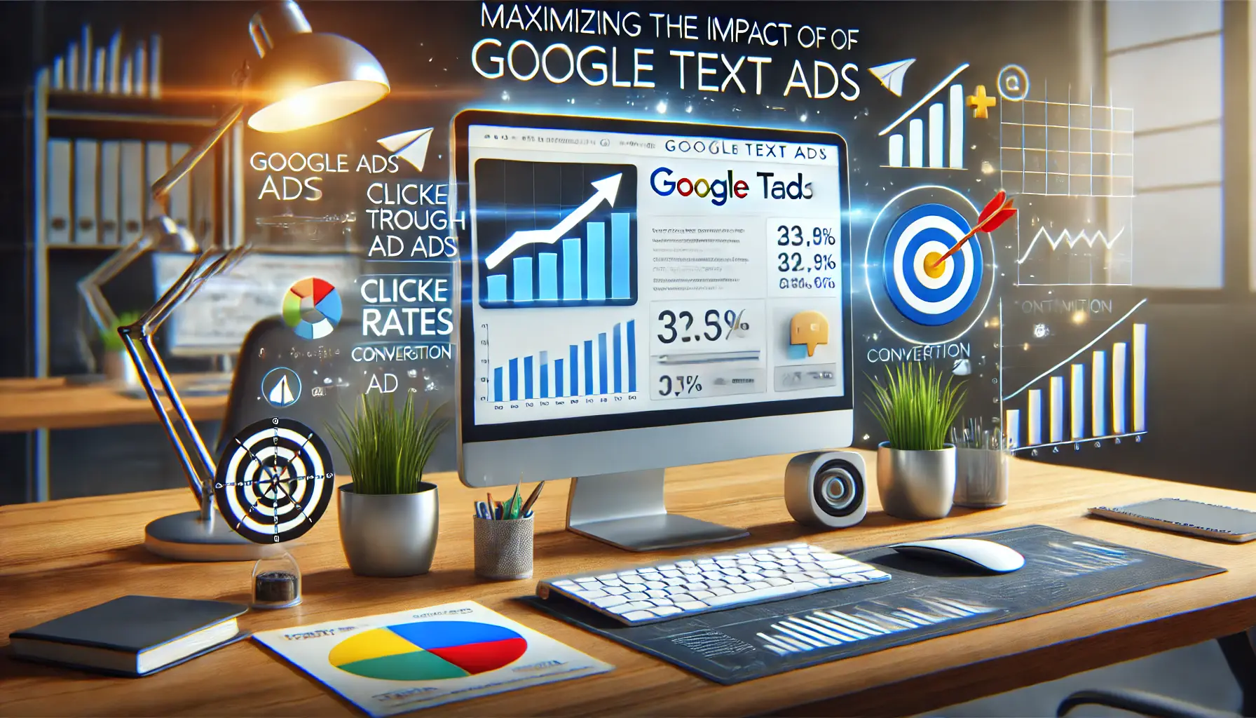 A computer screen displaying a Google Ads campaign with optimized performance, showing high click-through rates and conversions, surrounded by symbols of success like upward arrows and a rising graph.