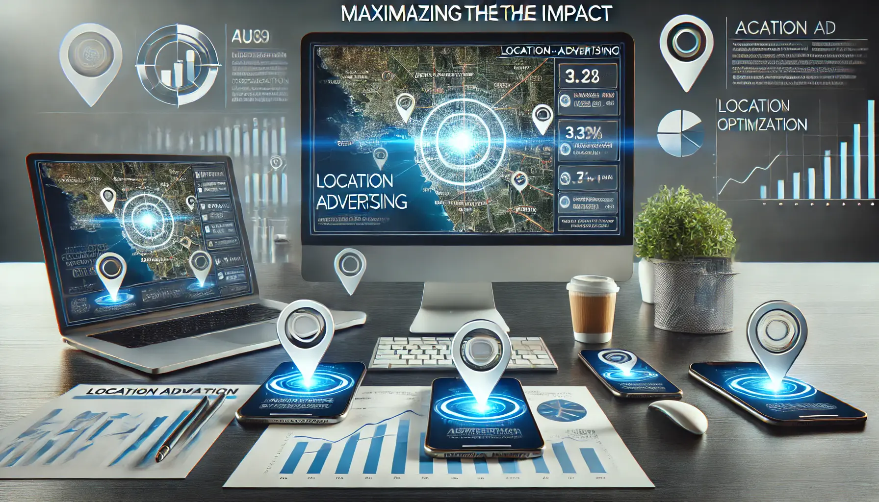 A computer screen displaying a map with targeted regions highlighted, with multiple devices showing tailored ads for specific locations and engagement metrics.