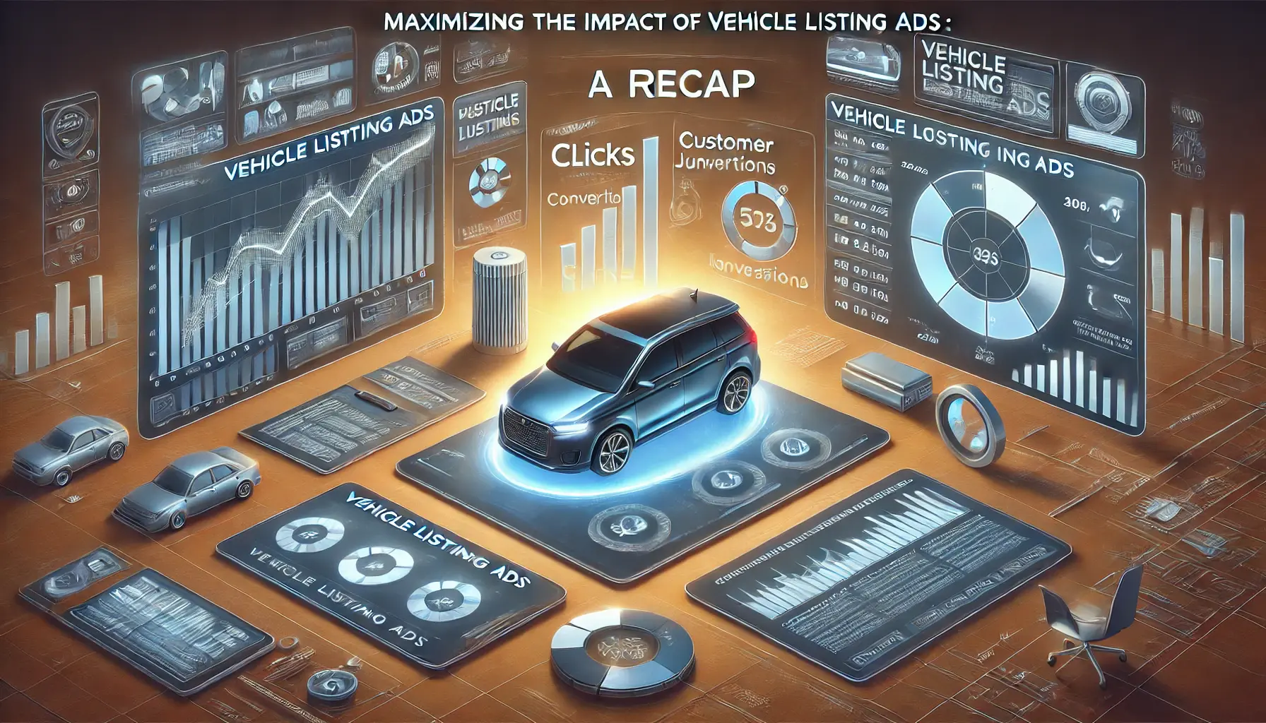 A digital dashboard summarizing key performance metrics for vehicle listing ads with visual graphs and user engagement data.