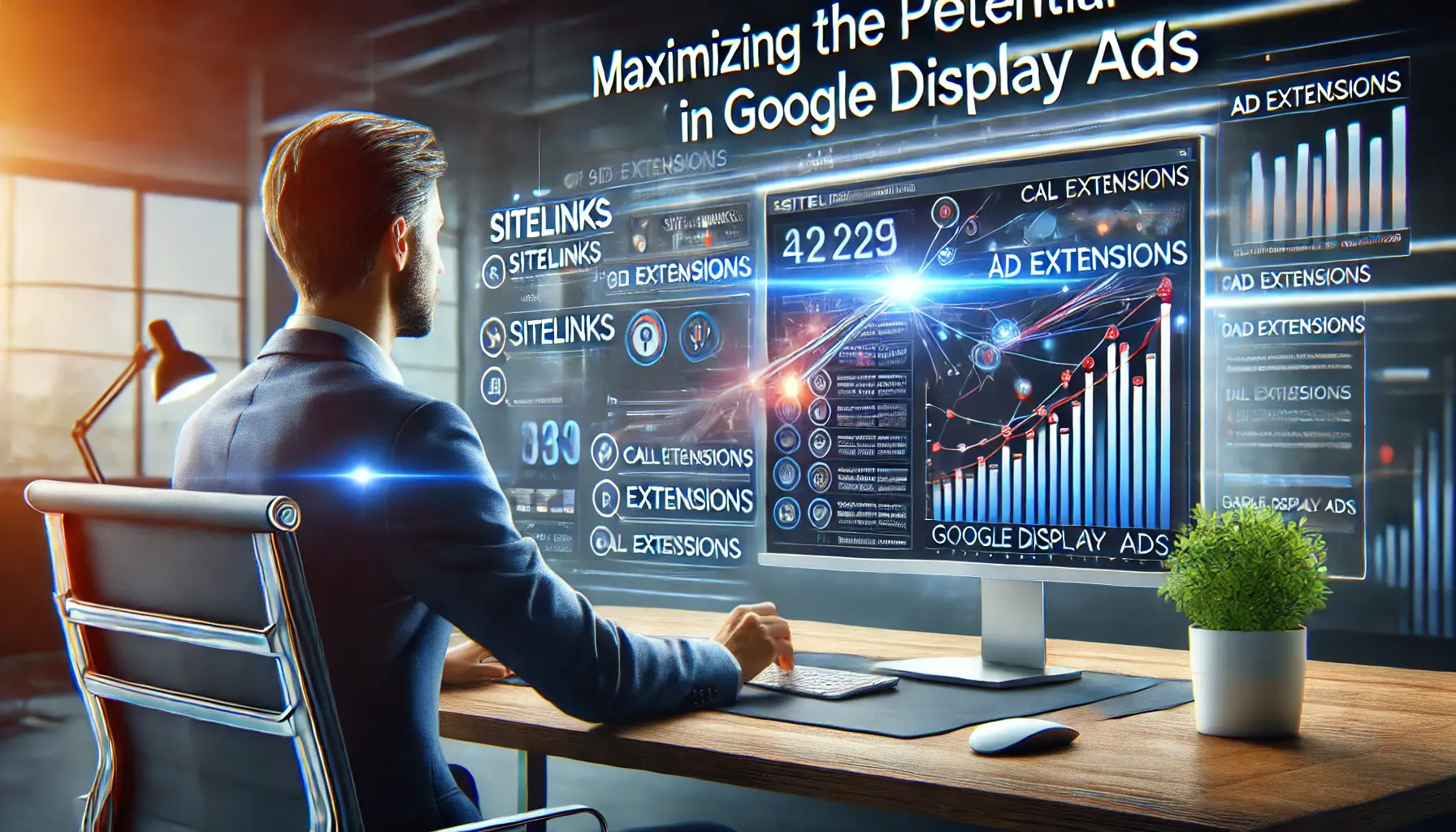 A digital marketing professional analyzing an optimized Google Display Ad campaign with various ad extensions like sitelinks and call extensions effectively used.