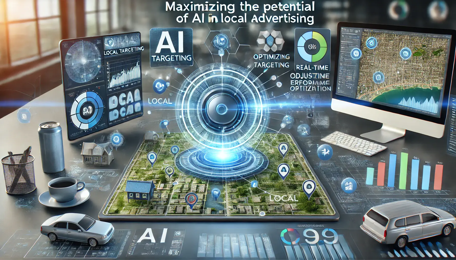 A digital dashboard analyzing local data, optimizing ad targeting and real-time performance for local advertising campaigns.