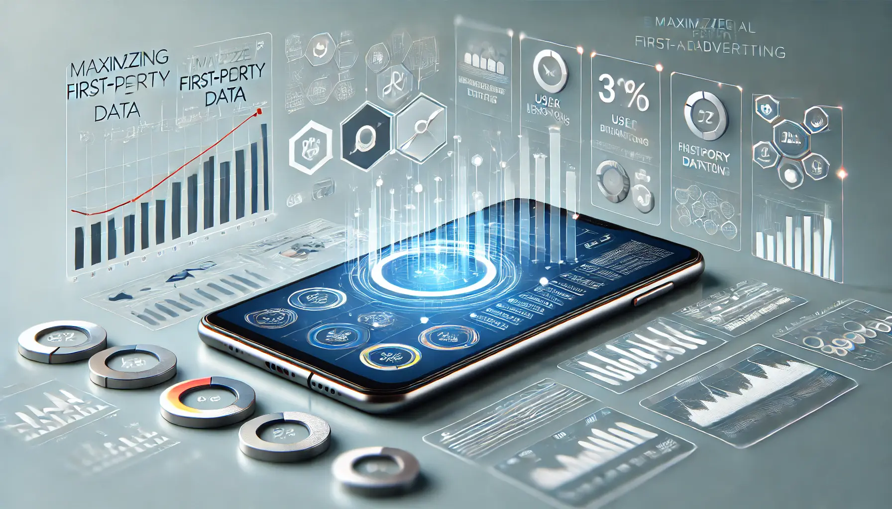 An image showing a smartphone displaying data analysis tools, including graphs, charts, and user behavior metrics, symbolizing the optimization of app advertising using first-party data.