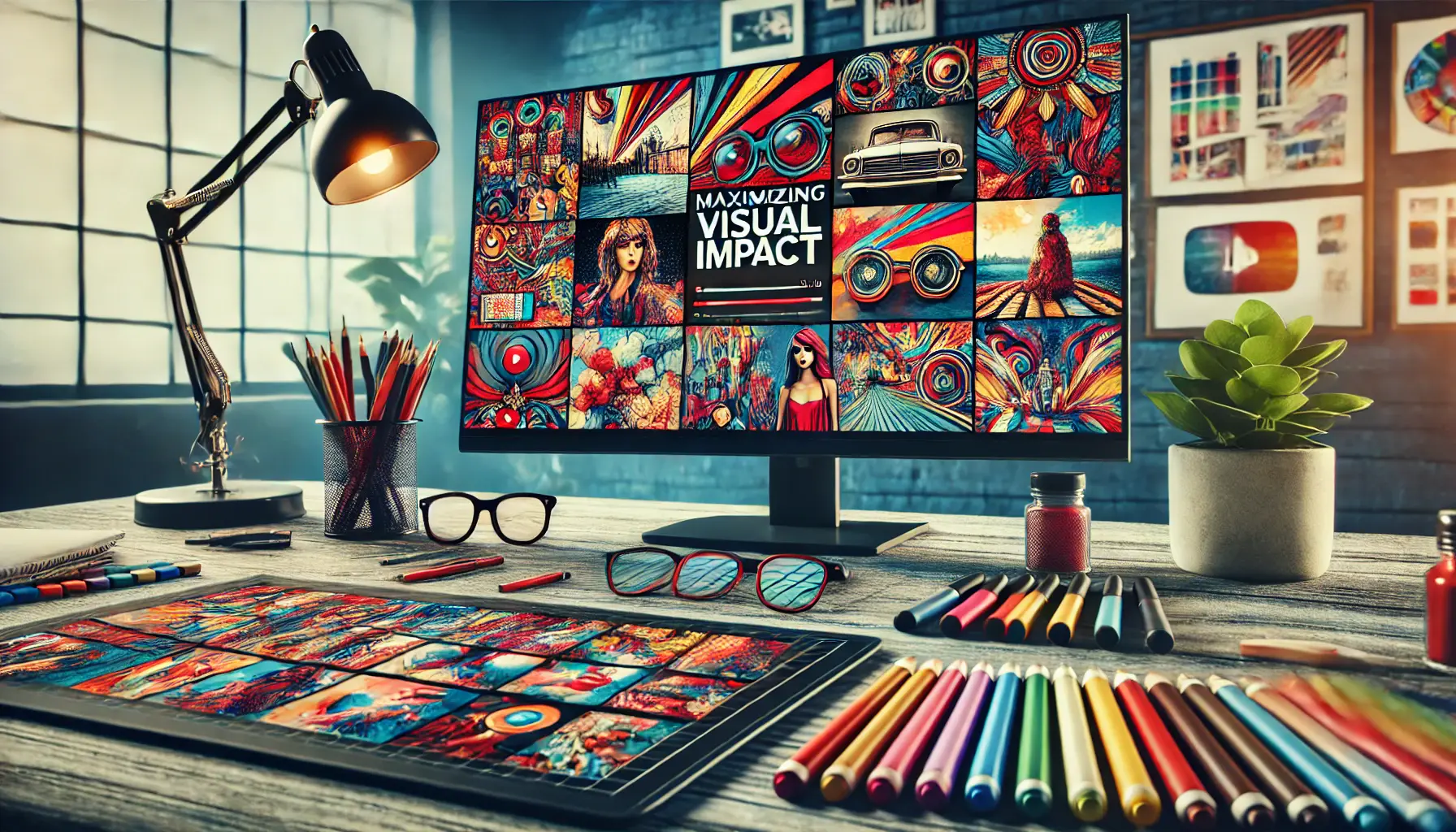 A workspace showcasing a brightly colored storyboard, high-impact visuals, and tools like colored pencils and a digital tablet, illustrating maximizing visual impact in storyboarding for YouTube ads.