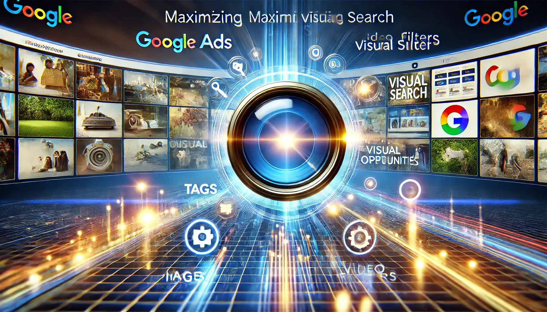 A futuristic image showcasing visual search technology with high-resolution images and glowing search filters.