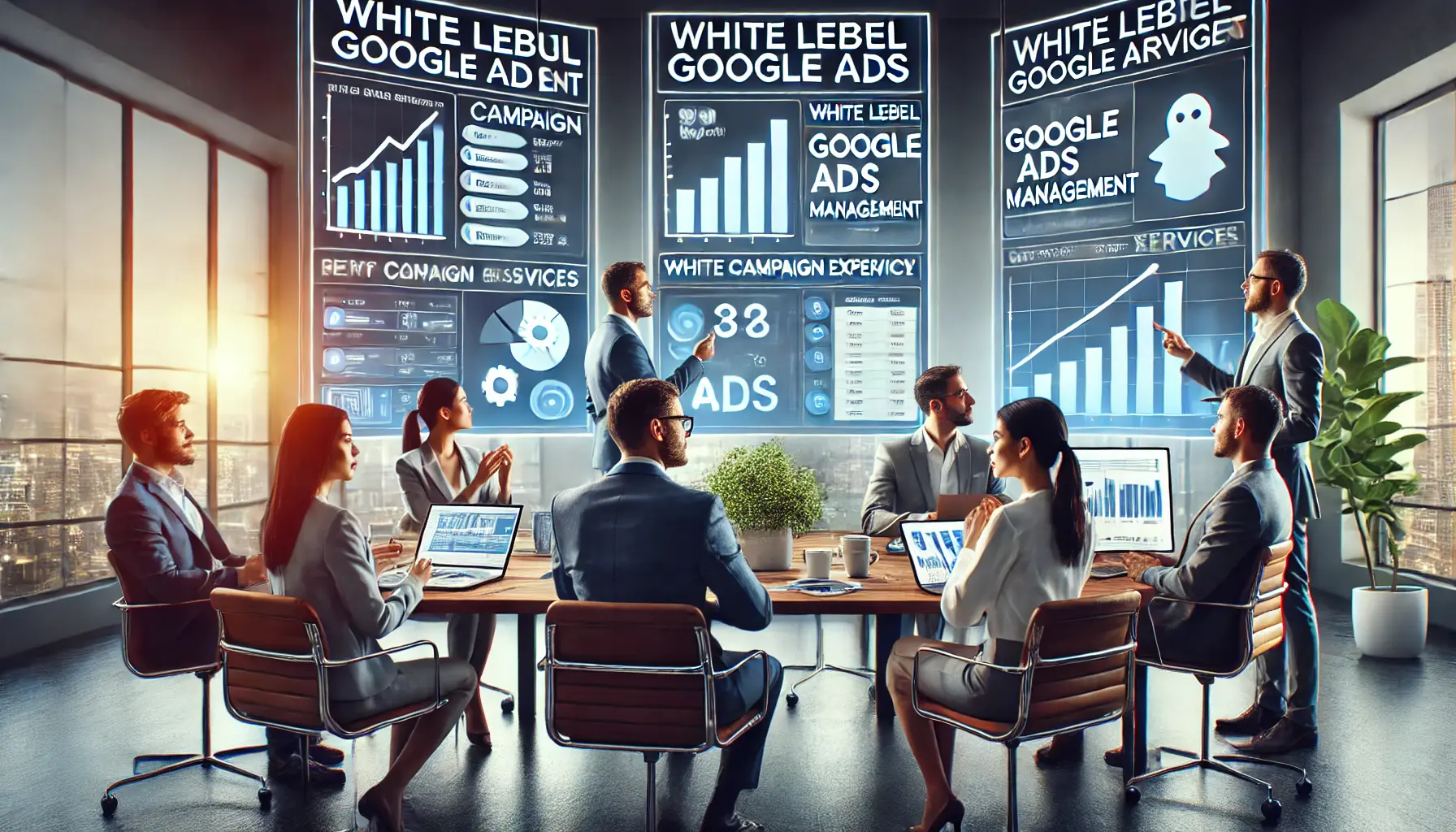 A team discussing how to maximize agency potential using White Label Google Ads Management in a modern office.