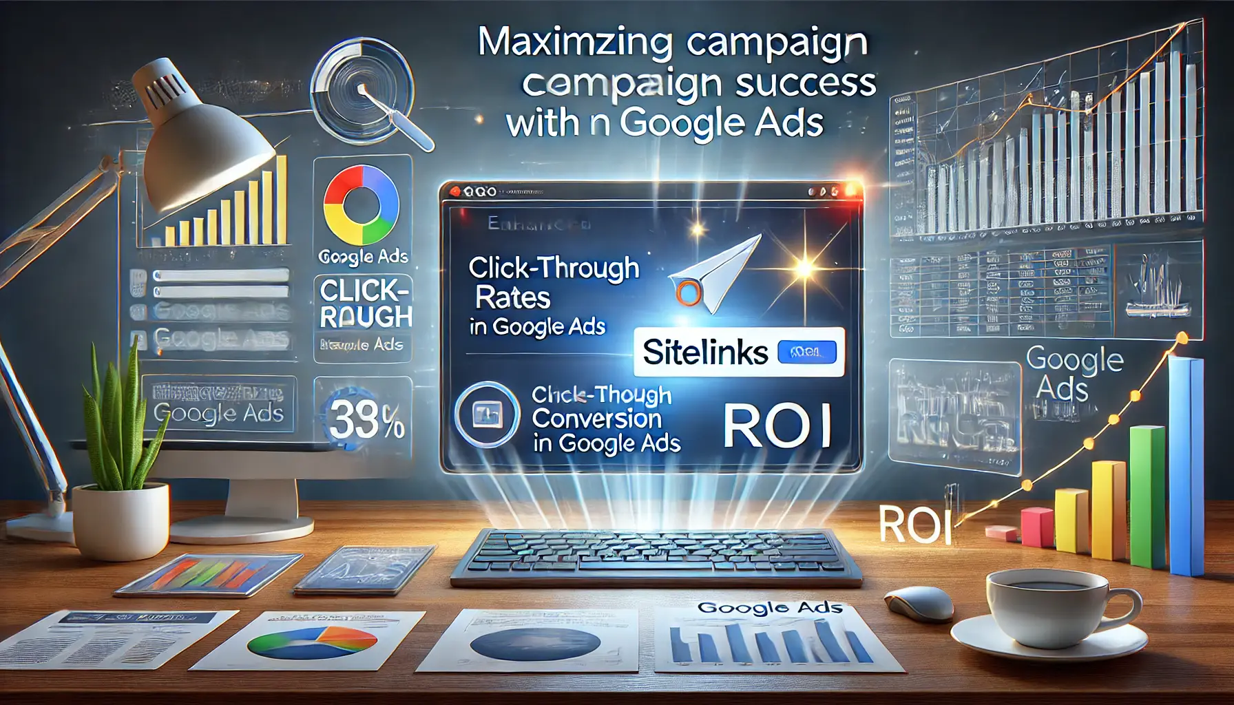 A Google Ads dashboard showing enhanced sitelinks with performance metrics like click-through rates, conversion rates, and ROI.