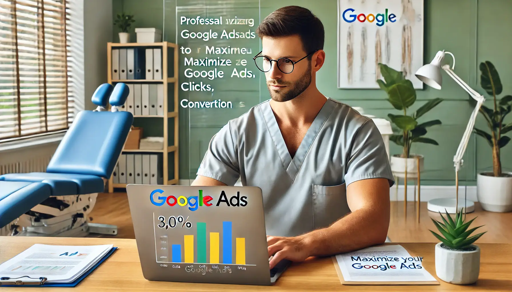 A chiropractor reviewing Google Ads performance metrics to optimize their chiropractic practice in a modern clinic.