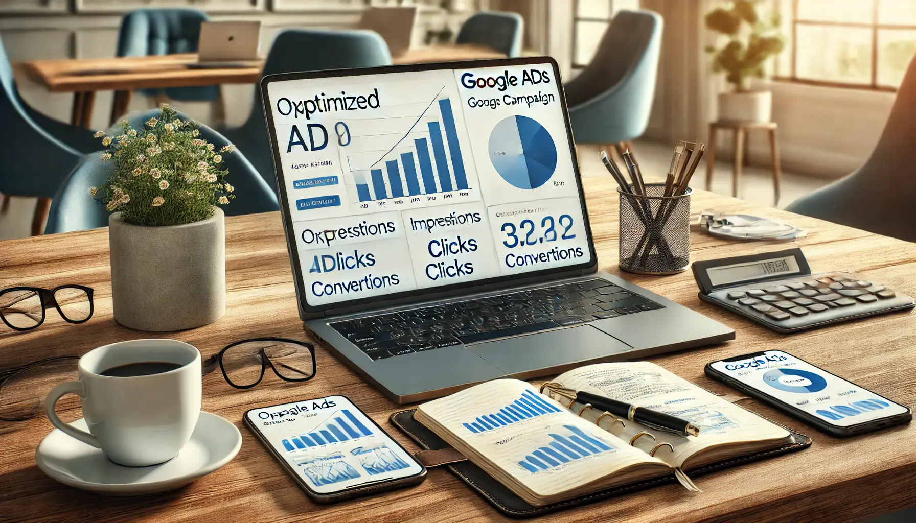 A laptop displaying an optimized Google Ads campaign dashboard with metrics like impressions, clicks, and conversions, set on a desk with a notebook, coffee mug, and tablet.