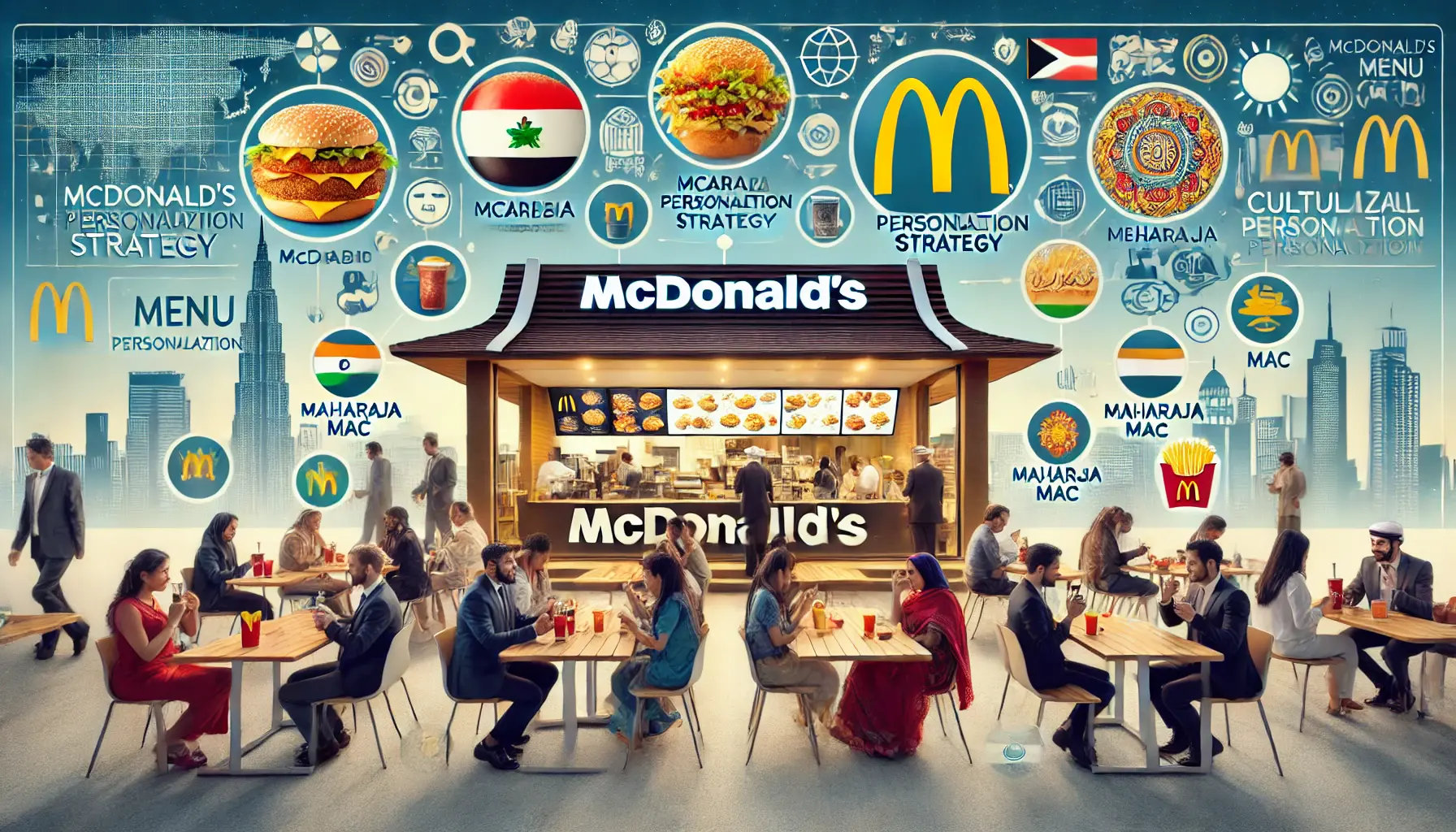 A McDonald's restaurant featuring localized menu items like McArabia and Maharaja Mac, with diverse customers enjoying culturally tailored meals.