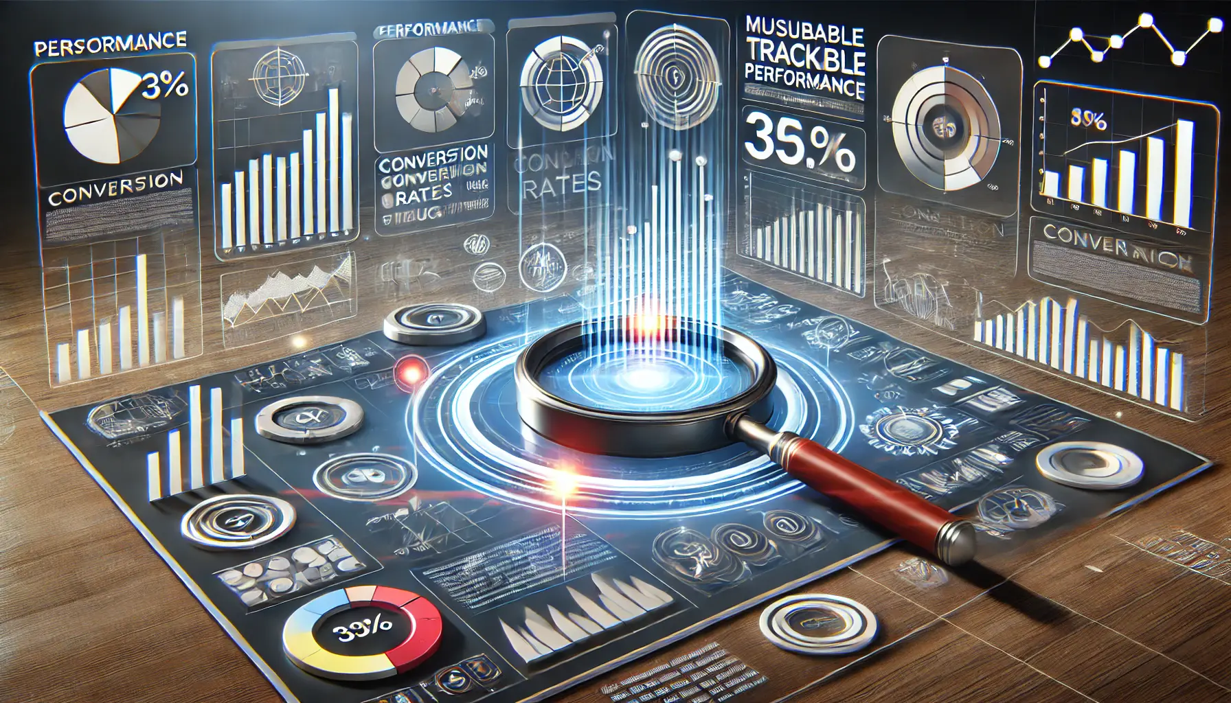 A performance dashboard displaying charts and key metrics like conversion rates and click-through rates, with a magnifying glass highlighting detailed data tracking.