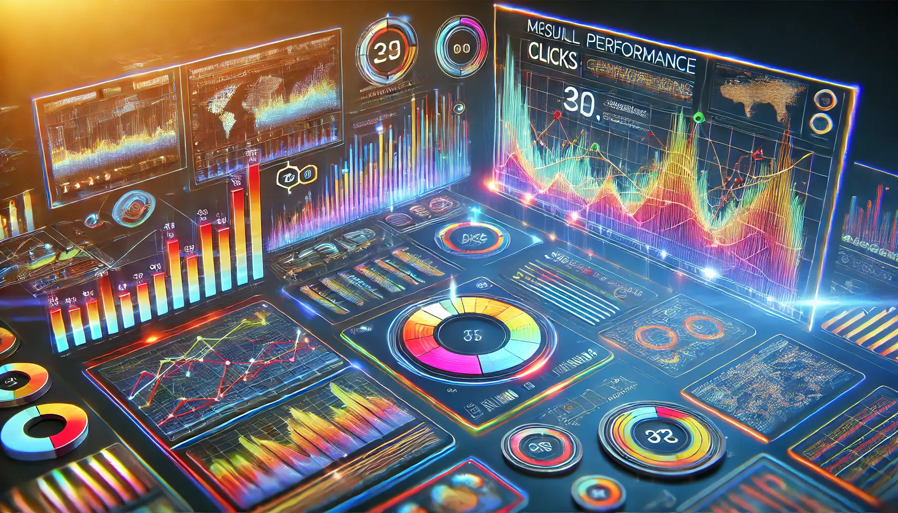 An image showing a digital dashboard with colorful graphs and charts displaying key metrics like impressions, clicks, and conversions, symbolizing performance tracking and analytics.