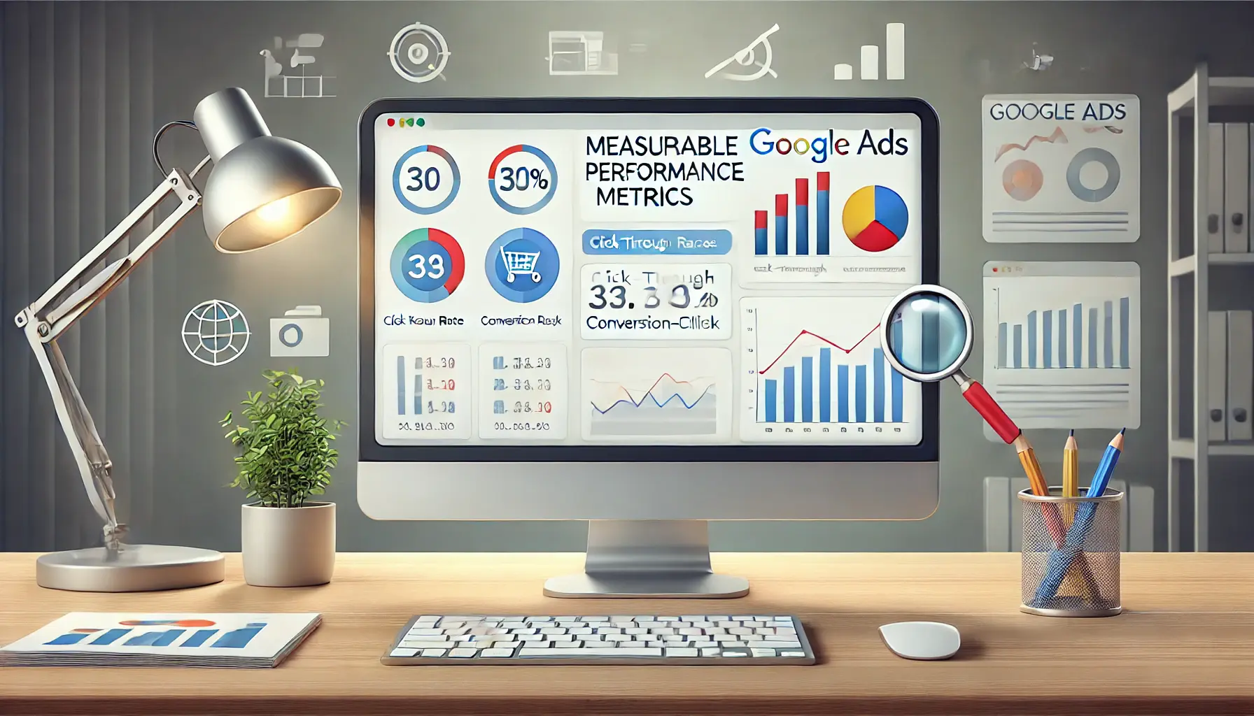 A desktop displaying a Google Ads analytics dashboard with performance charts and graphs, surrounded by icons like a magnifying glass and bar charts in a modern office.