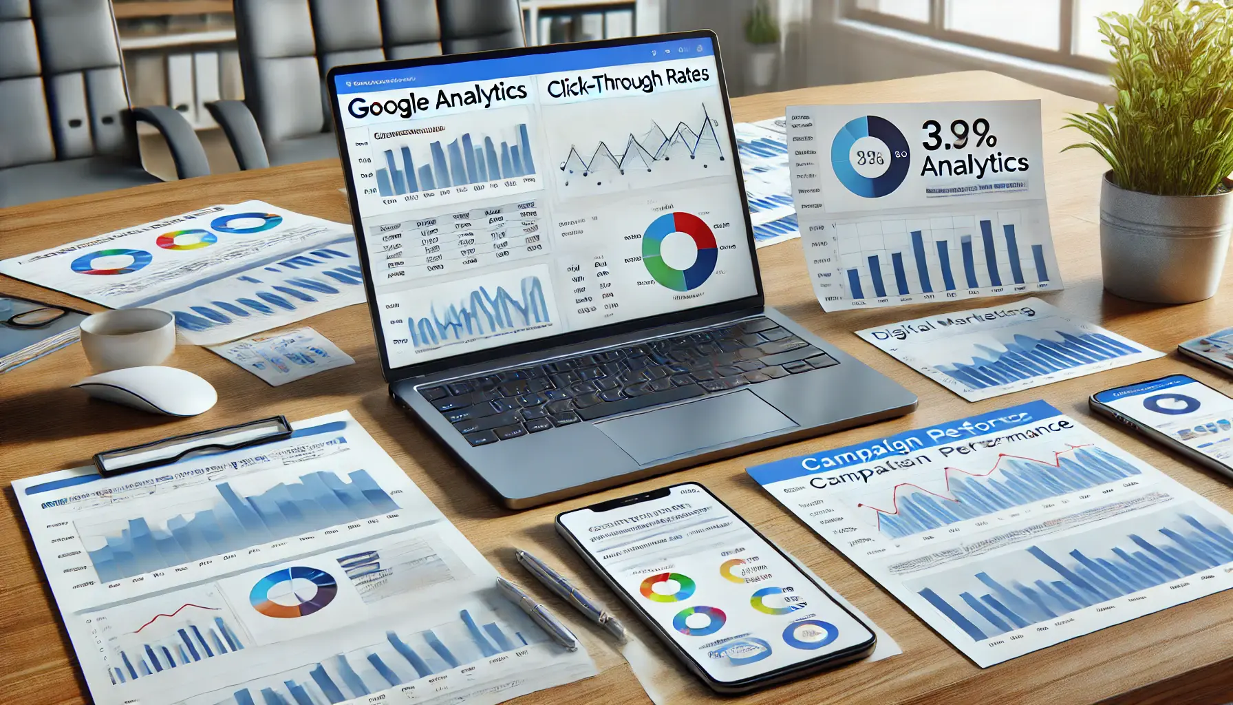 A workspace featuring a laptop with Google Analytics metrics, printed charts, and a smartphone showing campaign performance.