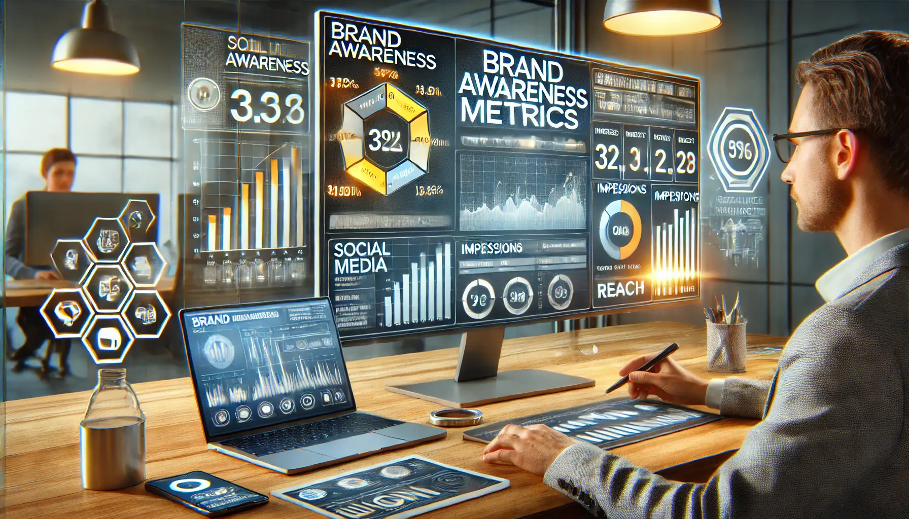 A digital marketer analyzing brand awareness metrics on a large screen with charts and graphs.