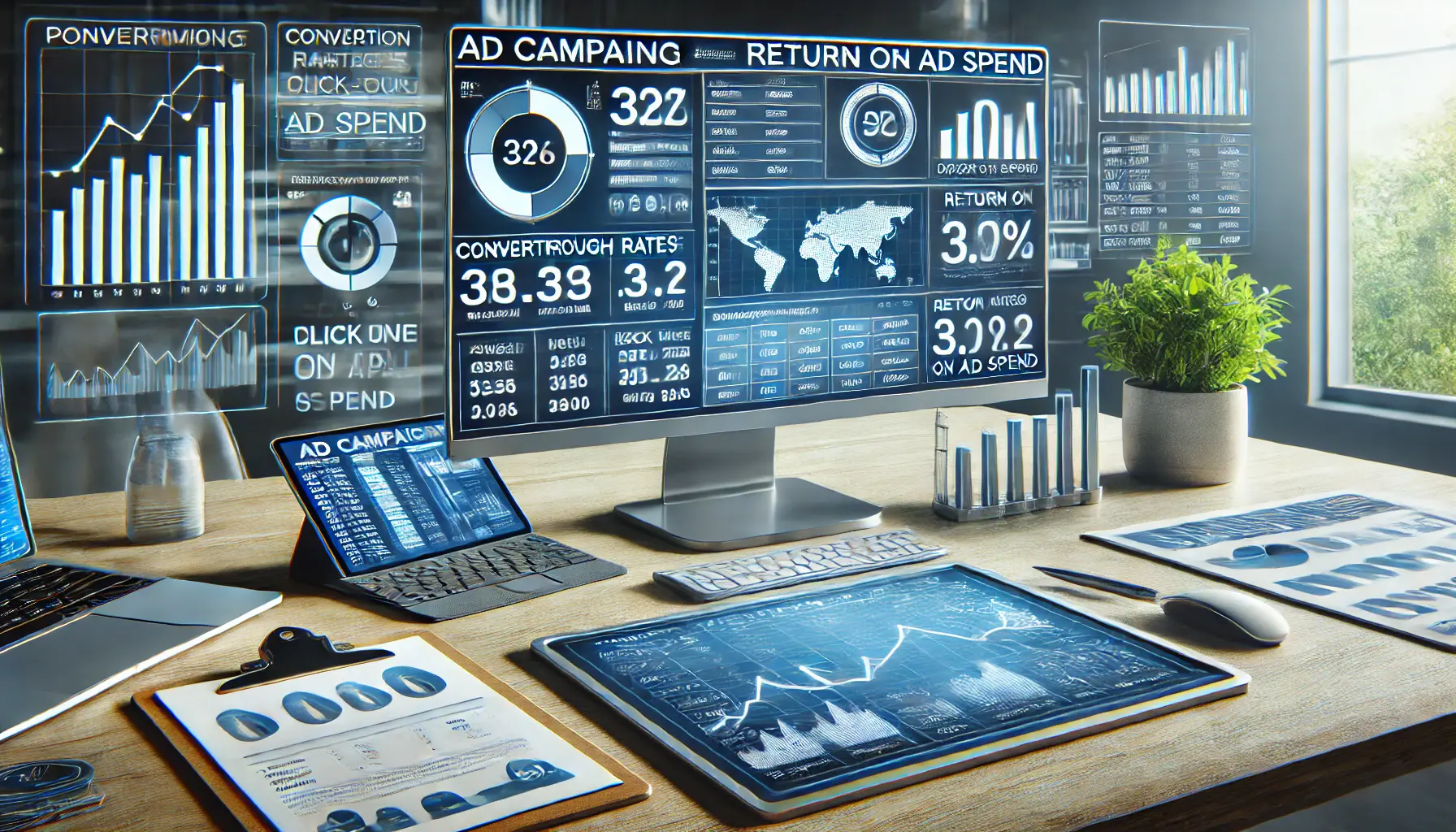 A digital marketing workspace with a monitor displaying a performance dashboard and detailed campaign analytics on a tablet.