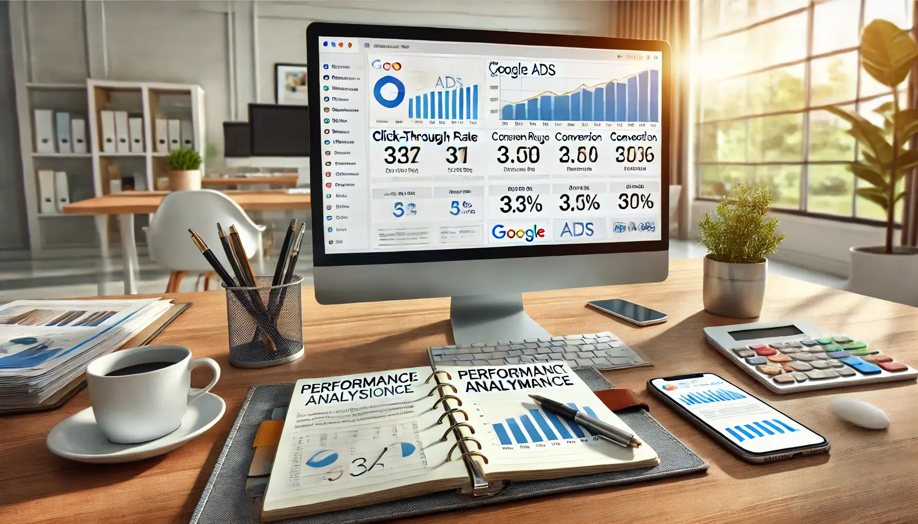 A professional workspace with a computer displaying Google Ads analytics, showing performance metrics like click-through rate, conversion rate, and return on investment. The desk includes a notebook with performance notes, a pen, a smartphone, and a coffee cup, set in a bright office environment.