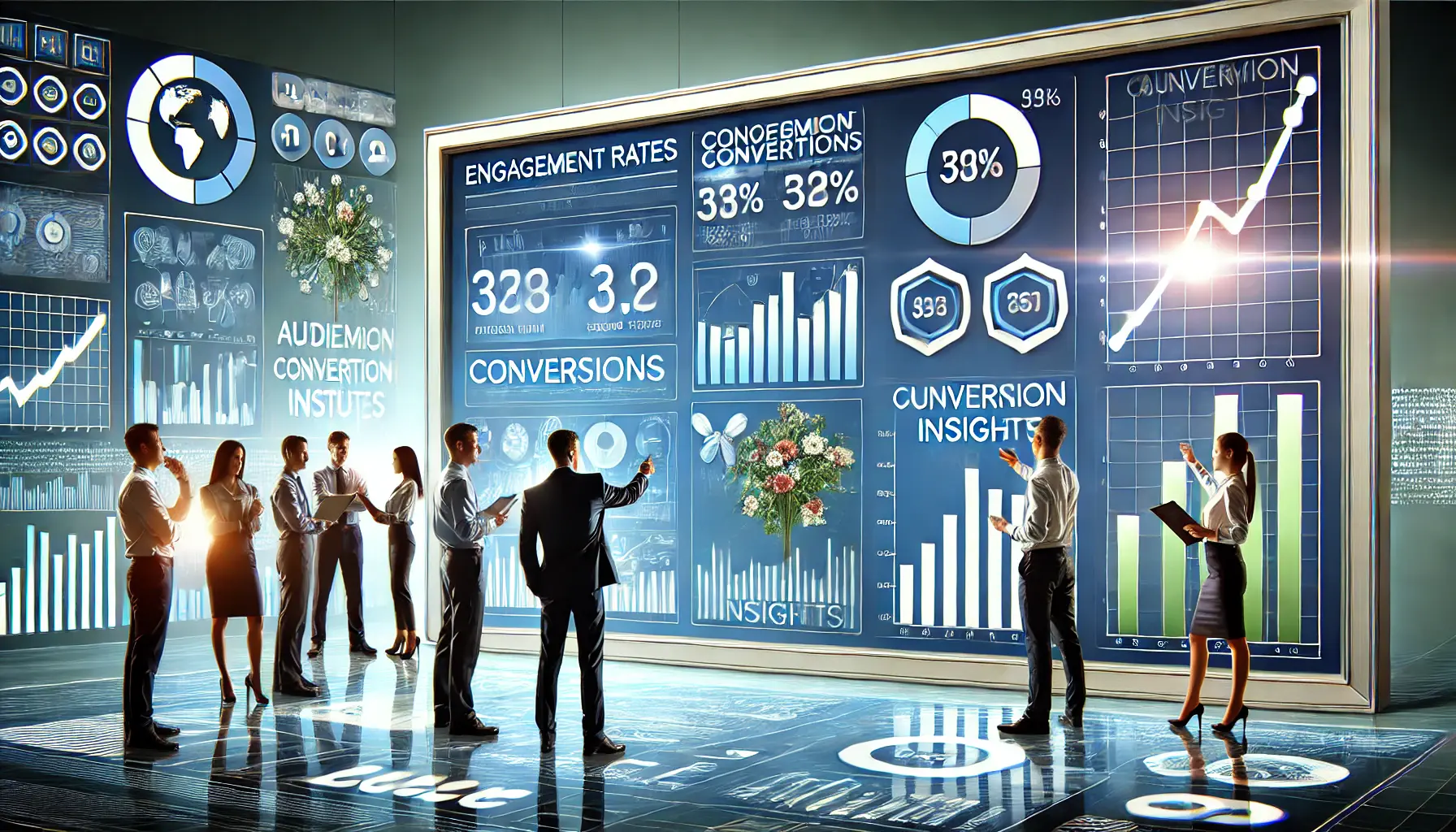 Image of a digital dashboard displaying analytics like engagement rates and conversion metrics with marketers discussing strategies.