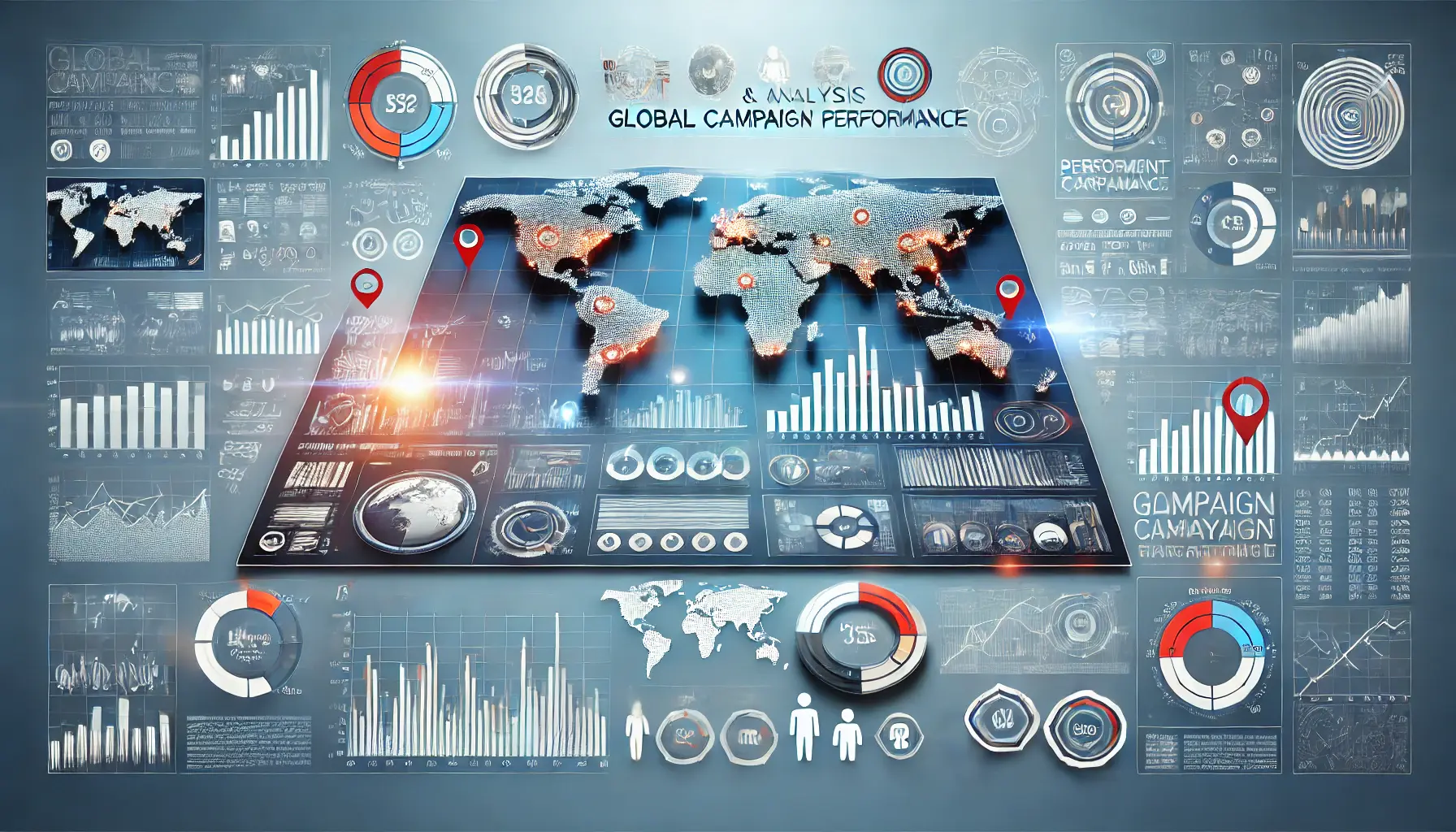 A digital concept showing a large screen with graphs, performance metrics, and heat maps symbolizing the analysis of global campaign performance.