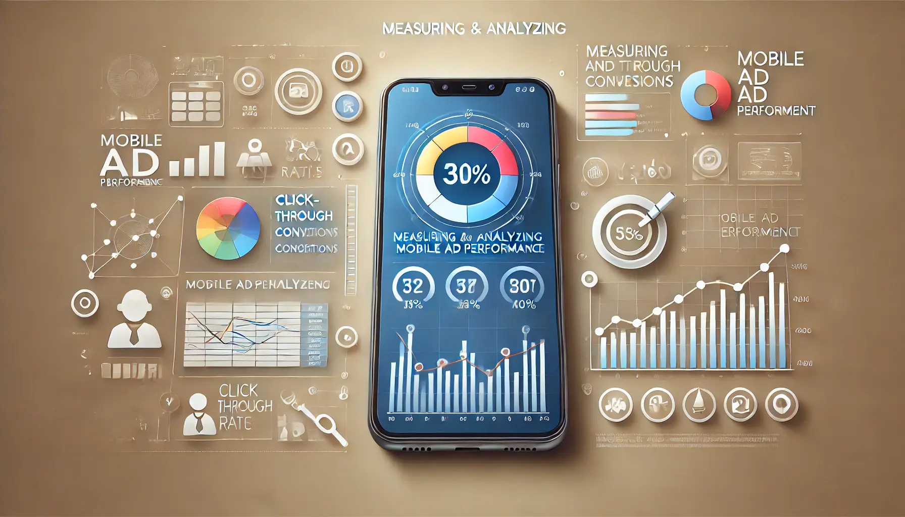 A smartphone displaying an analytics dashboard with metrics like click-through rates, conversions, and ROI graphs, surrounded by data analysis icons.