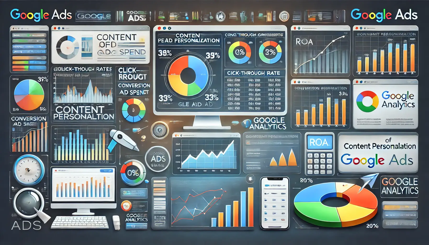 An image illustrating the measurement and analysis of content personalization impact in Google Ads, with performance metrics and analytics tools.