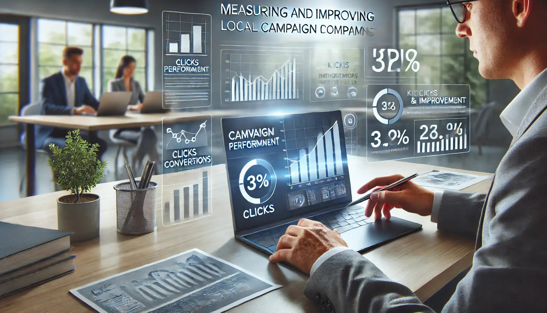 A person analyzing campaign performance data on a laptop, with graphs and charts showing key performance indicators.