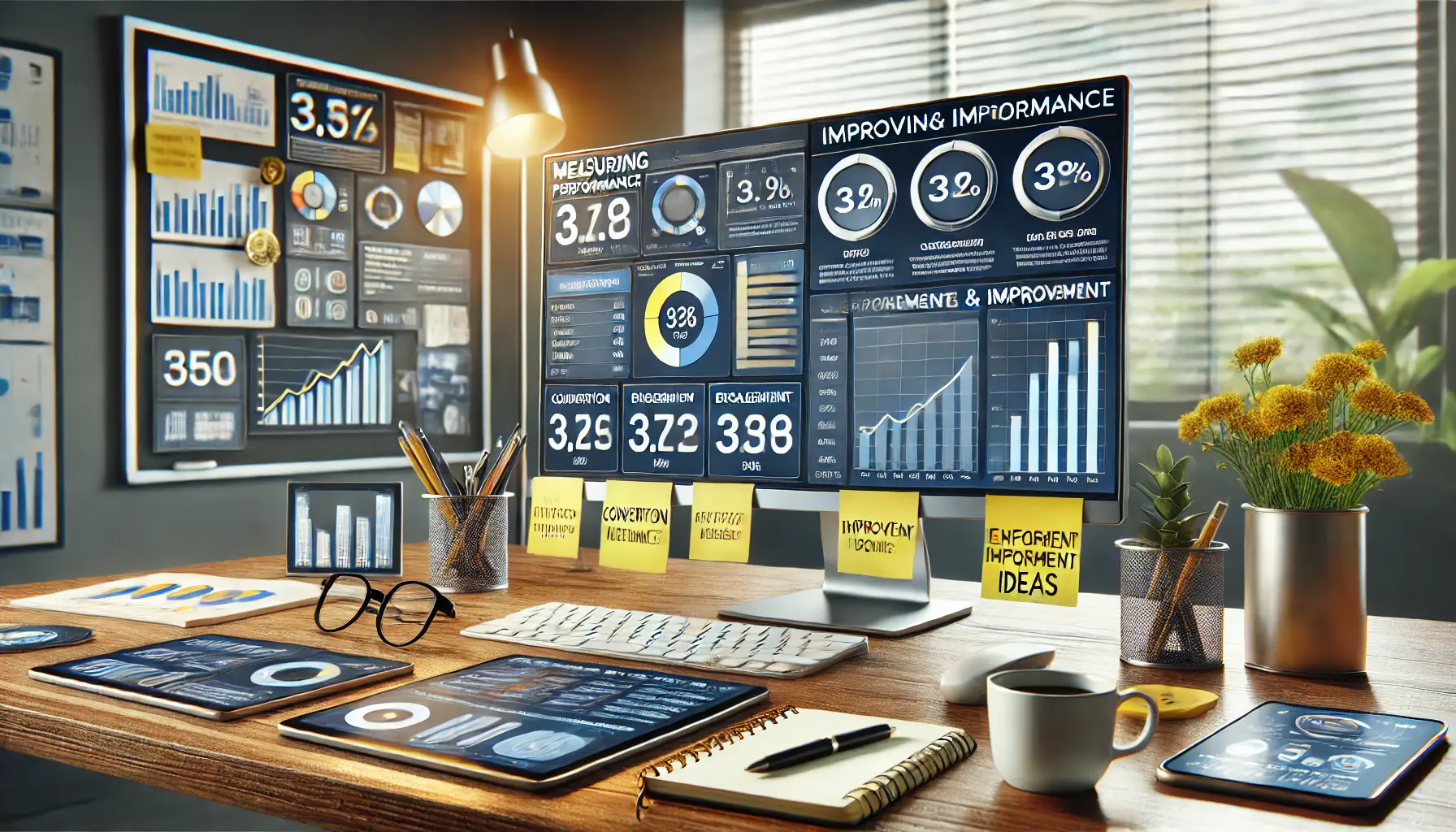 A professional workspace with a monitor displaying performance metrics and tools for analyzing and improving ad effectiveness.