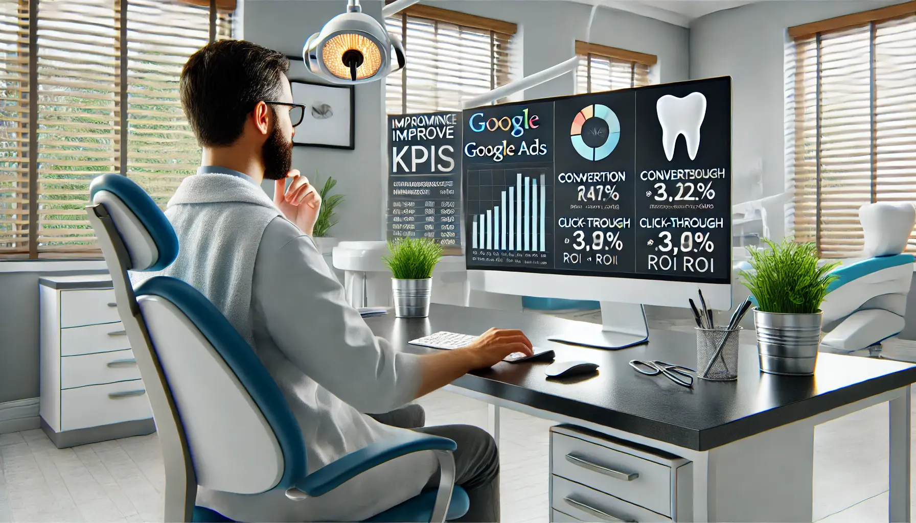 A dentist reviewing key performance indicators (KPIs) to improve Google Ads campaign performance in a modern office.